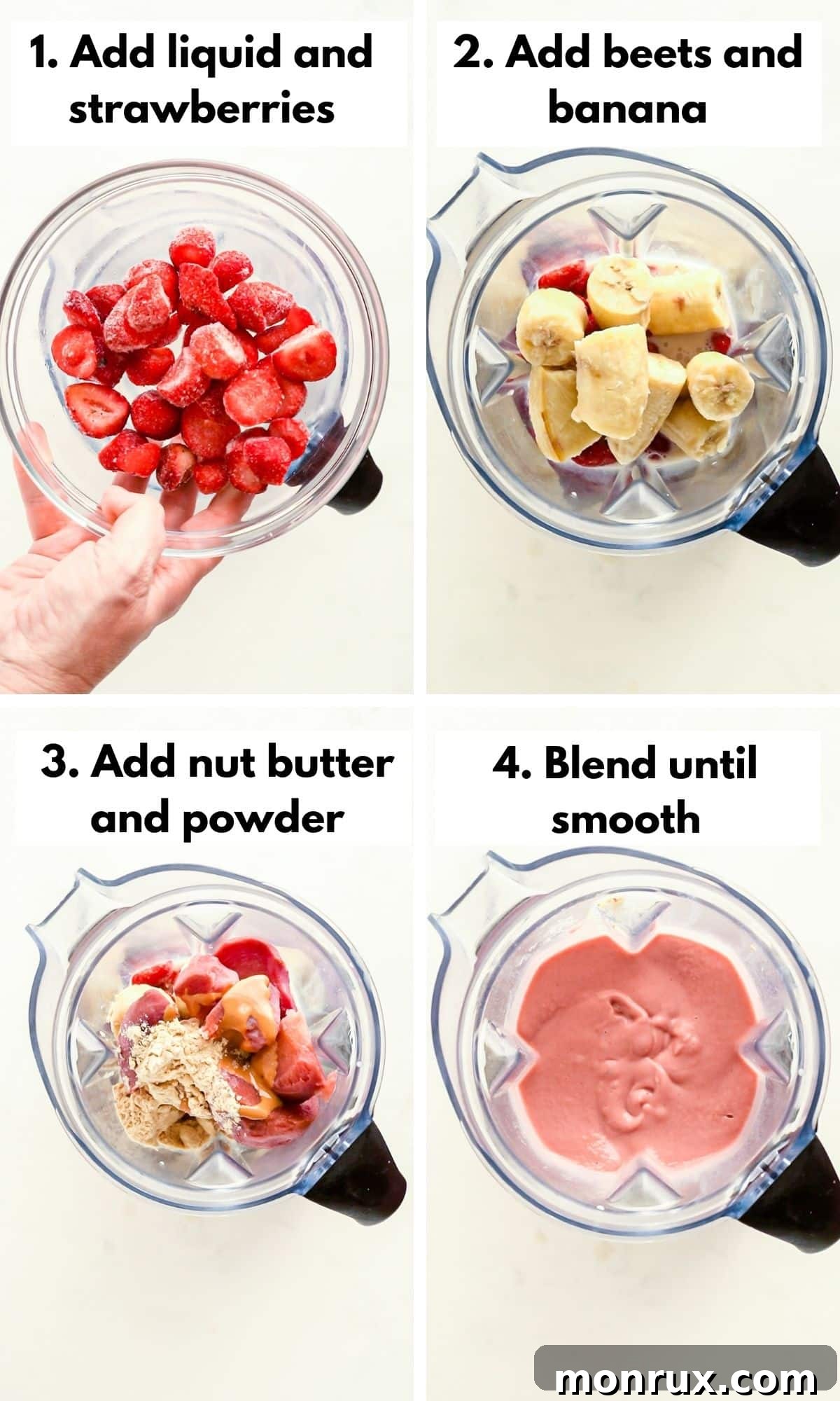 A step-by-step photographic guide showing the process of making a banana beet smoothie, from gathering ingredients to blending.