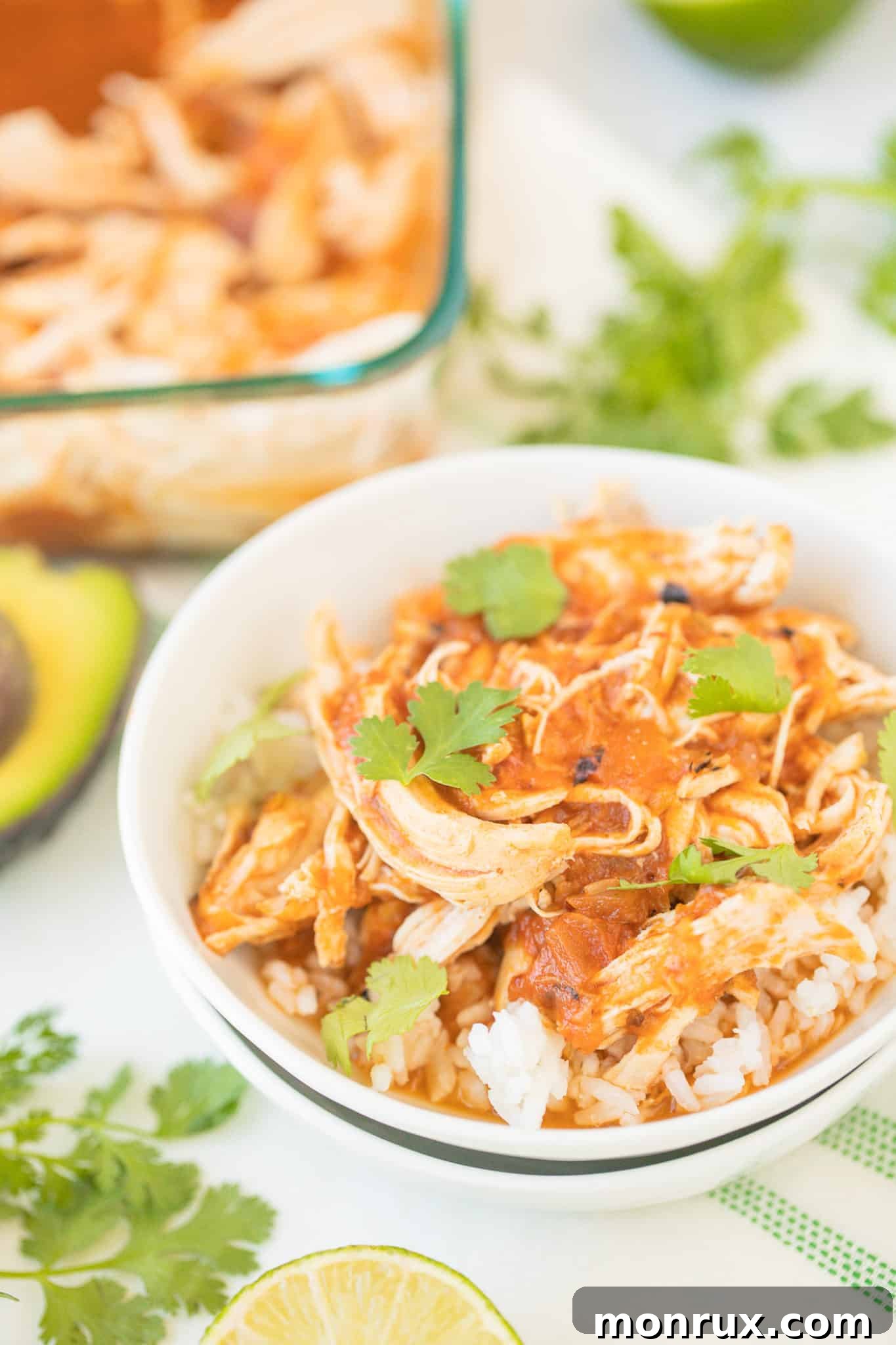 Instant Pot Salsa Chicken in a bowl, garnished with fresh cilantro, ready to be served