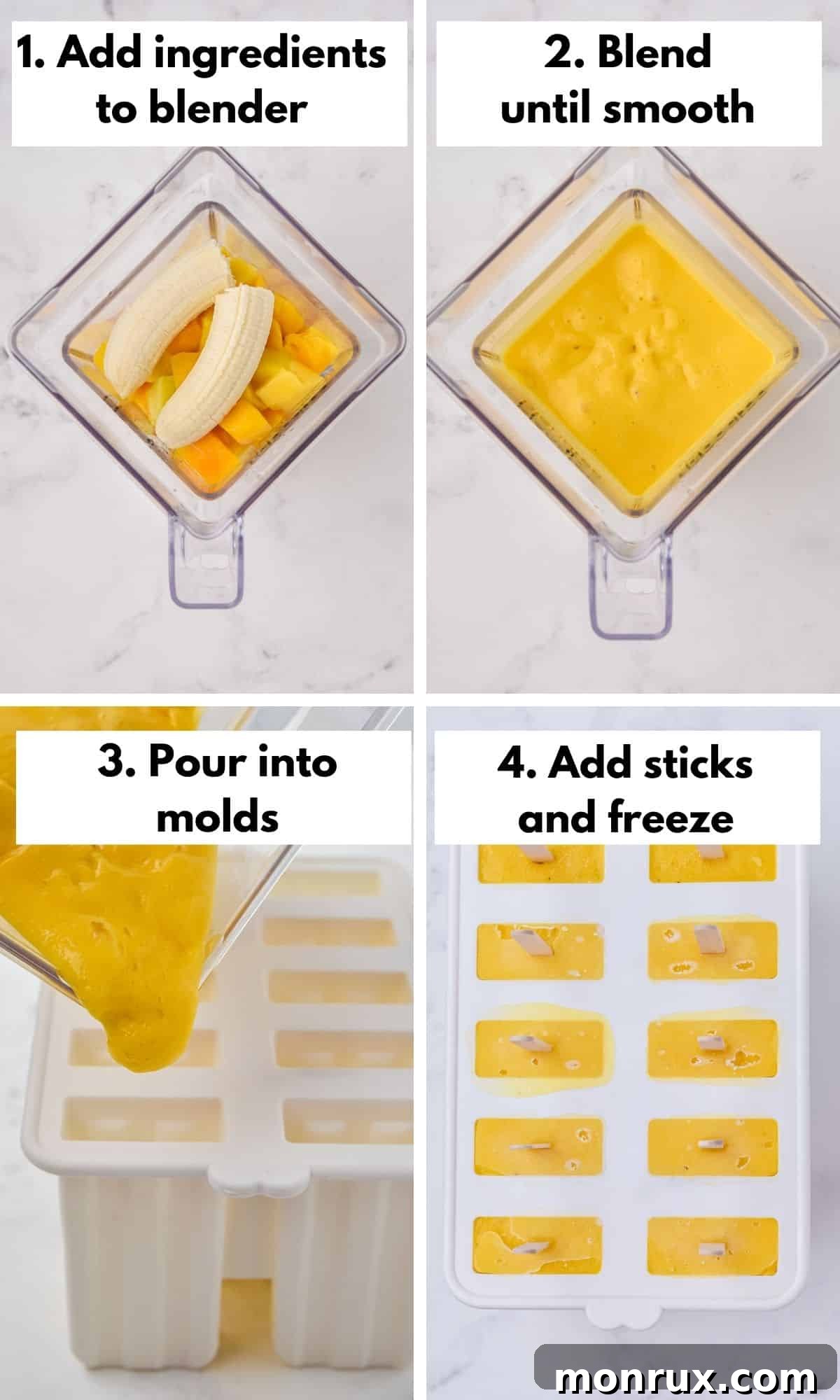 A four-panel collage illustrating the steps to make mango popsicles: ingredients, blending, pouring into molds, and finished popsicles.