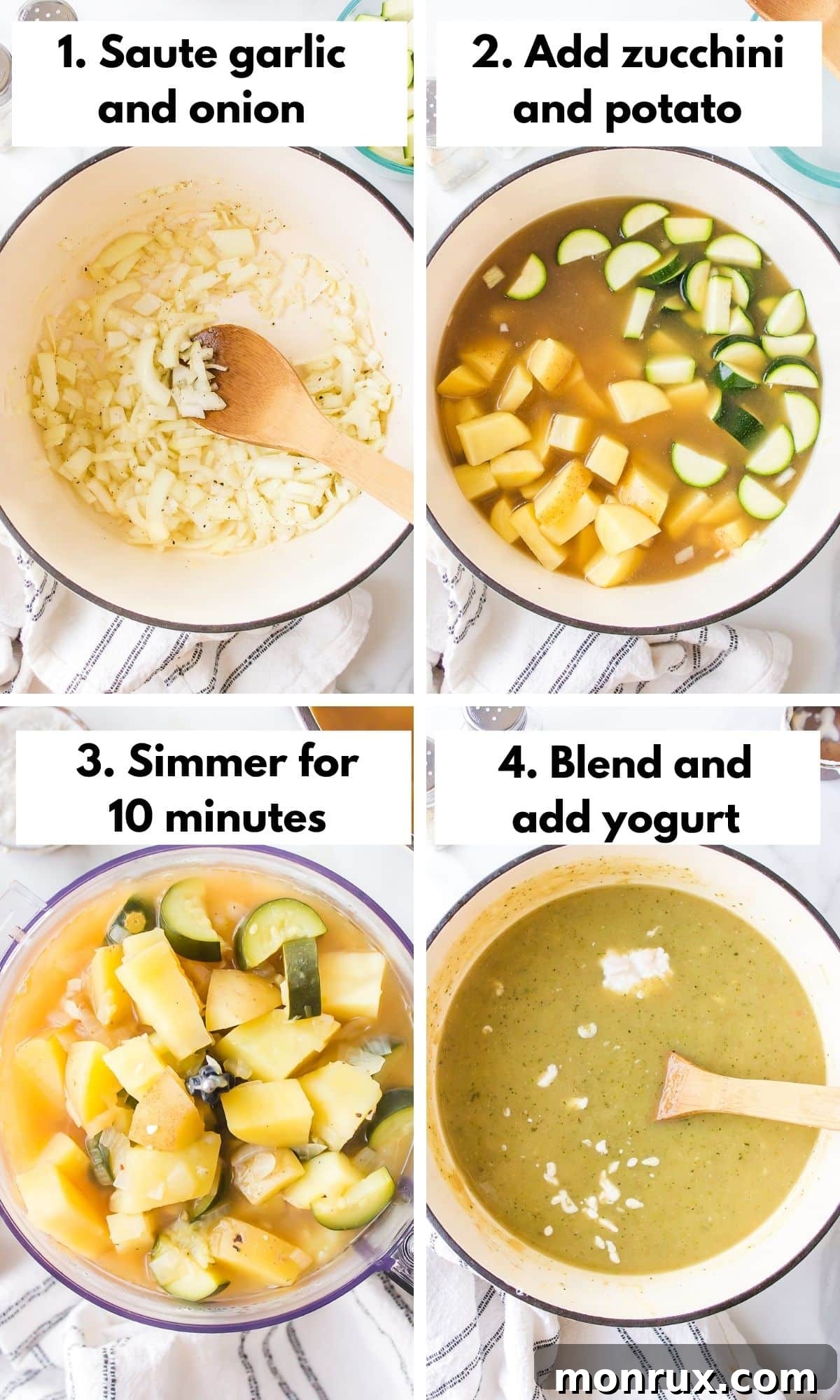 A process collage showing the stages of making zucchini potato soup in a large Dutch oven, from sautéing vegetables to the final blended product.