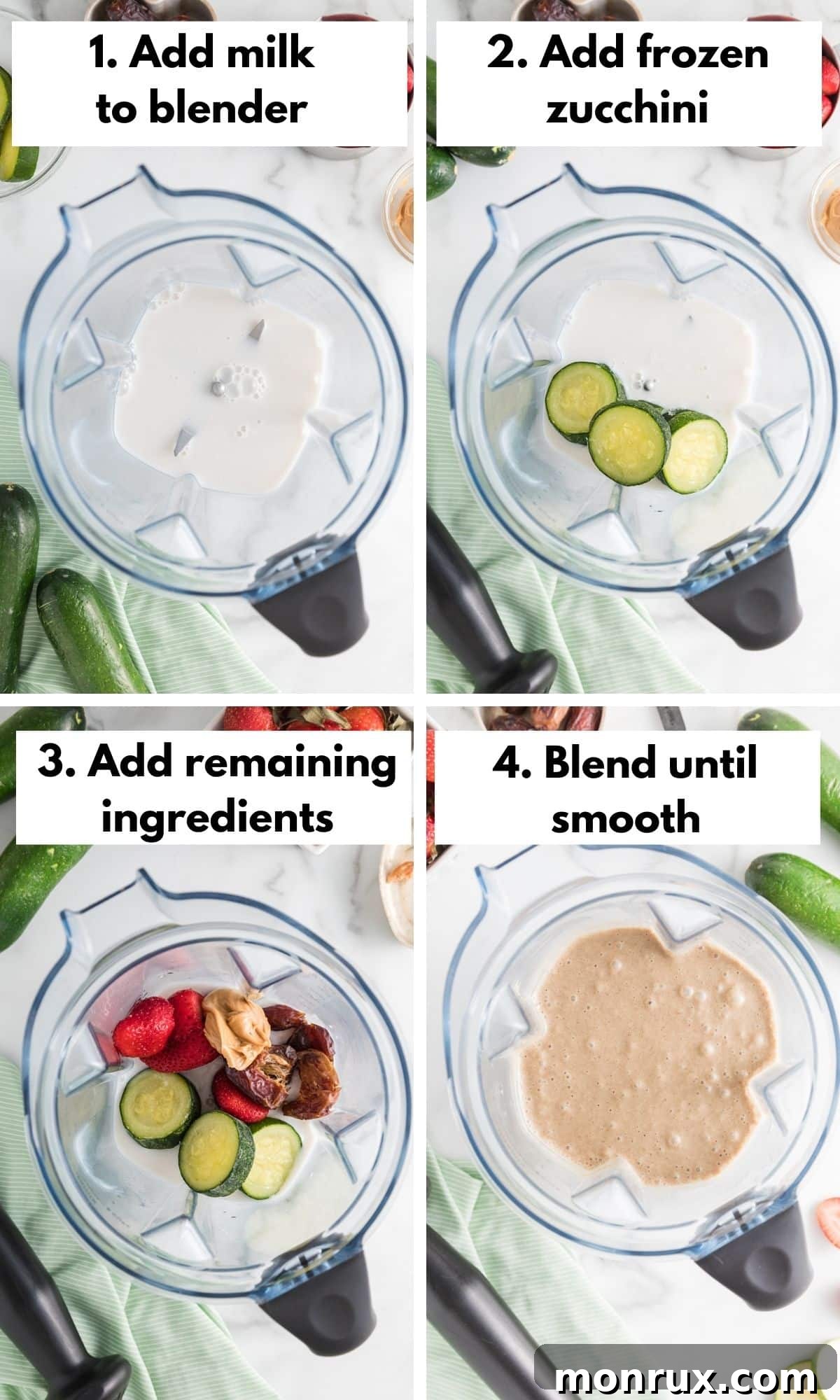 A step-by-step process collage showing ingredients, blending, and pouring a strawberry zucchini smoothie.