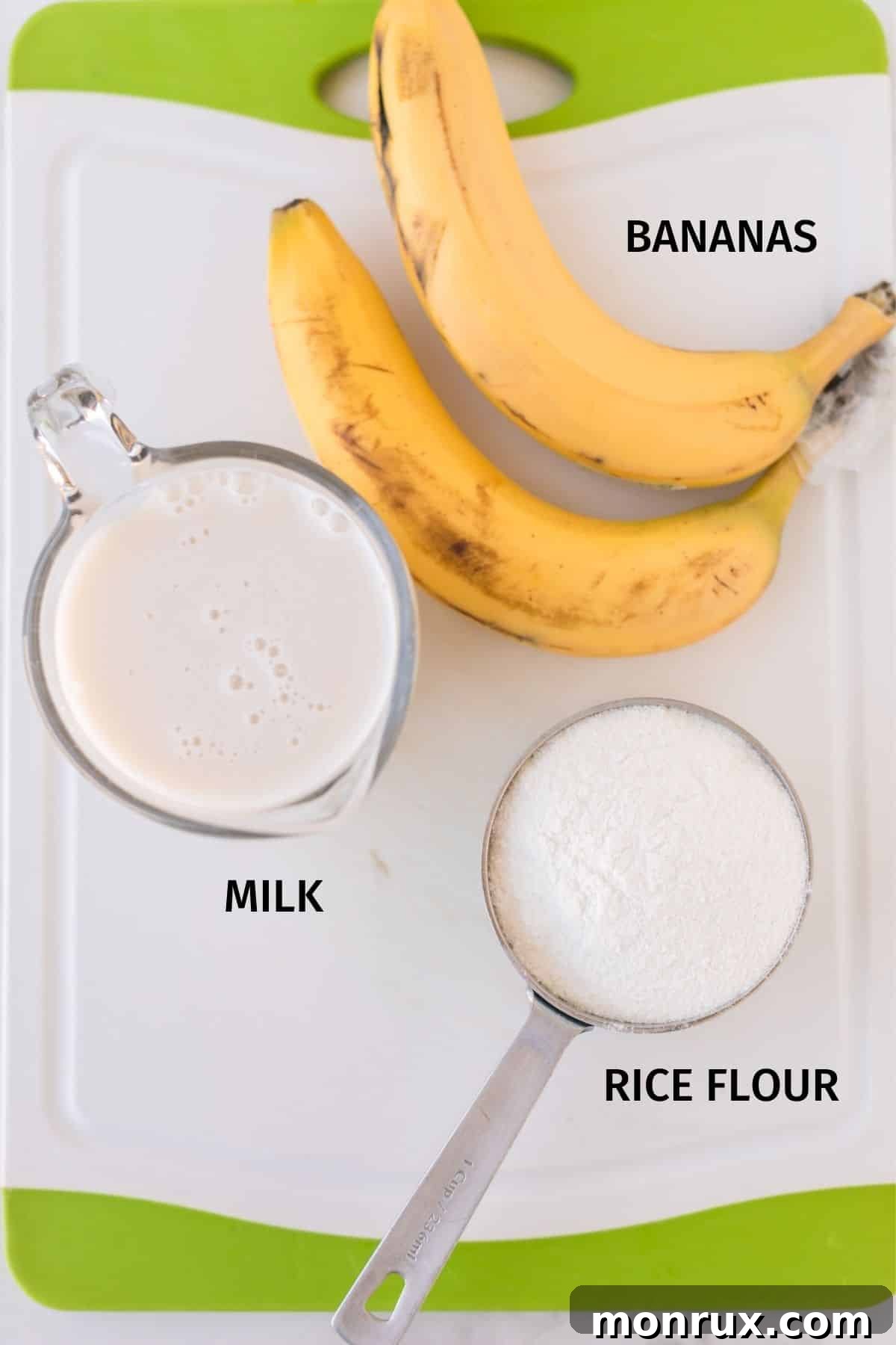 Photo displaying the three simple ingredients required for rice flour pancakes: white rice flour, ripe bananas, and plant milk.