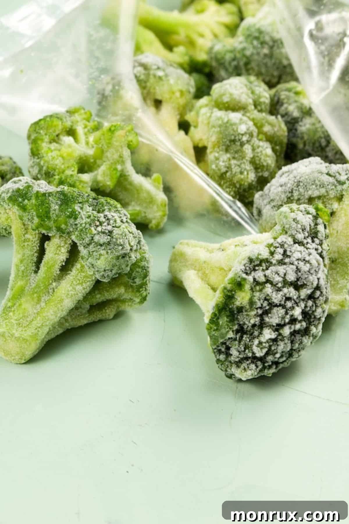 frozen broccoli on table in bag.