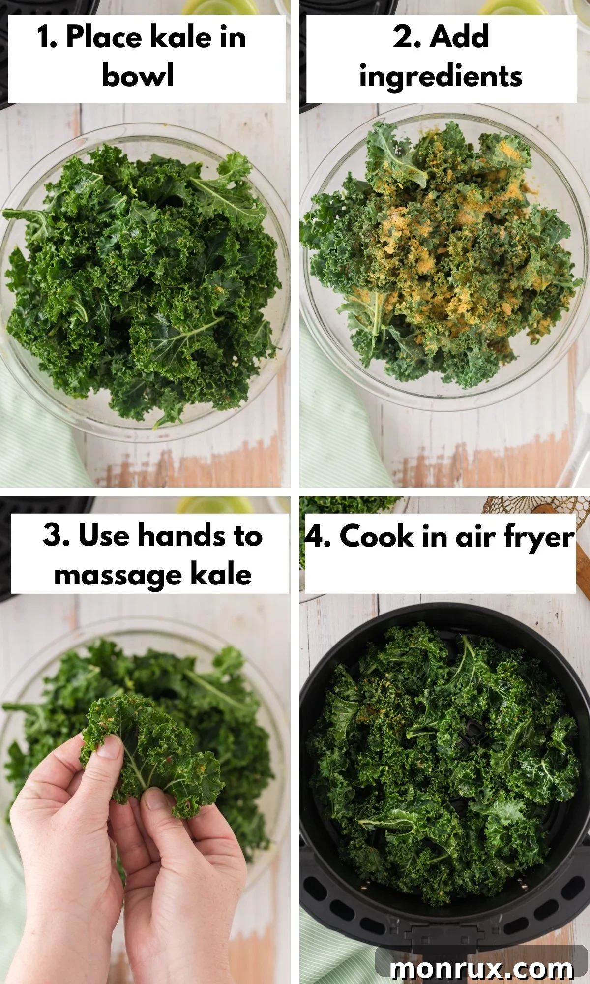 A visual guide showing the process of making air fryer kale chips, from fresh kale to seasoned leaves ready for cooking.