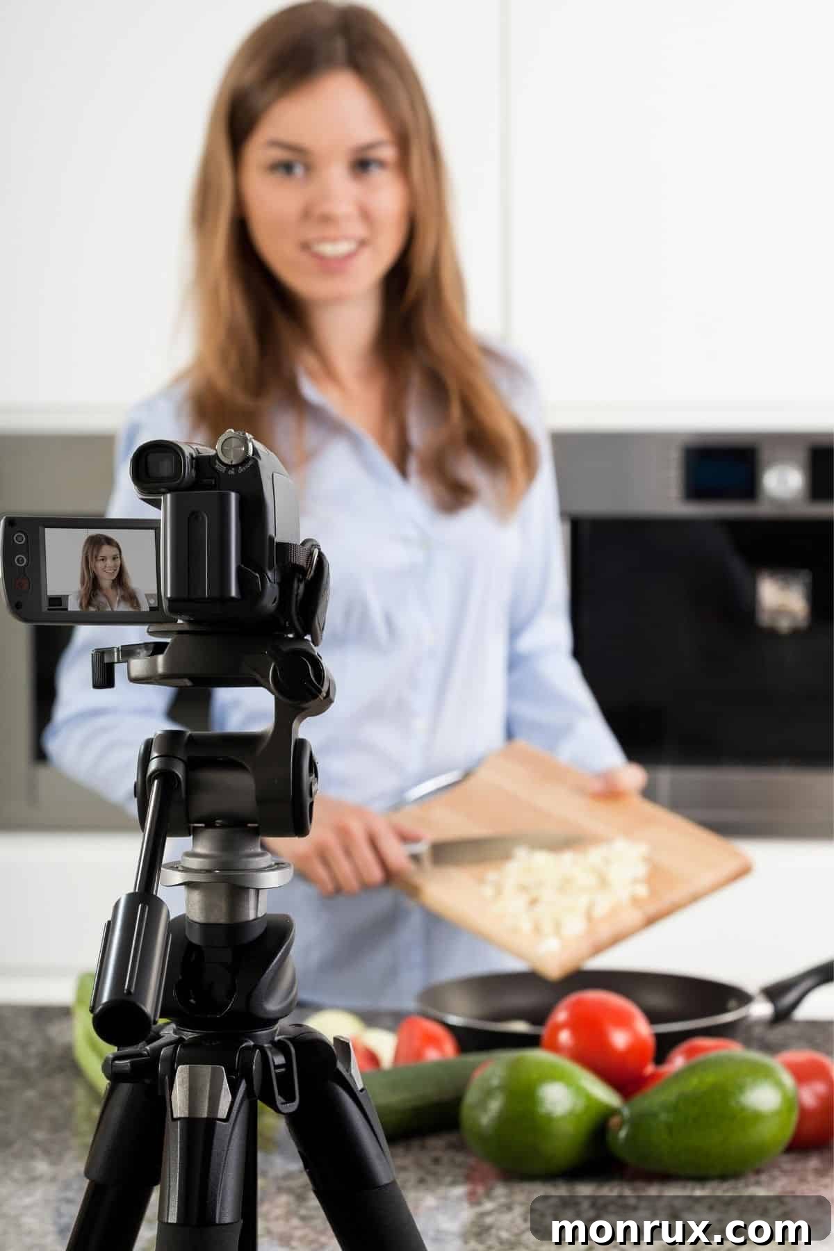 woman cooking in front of a camera.