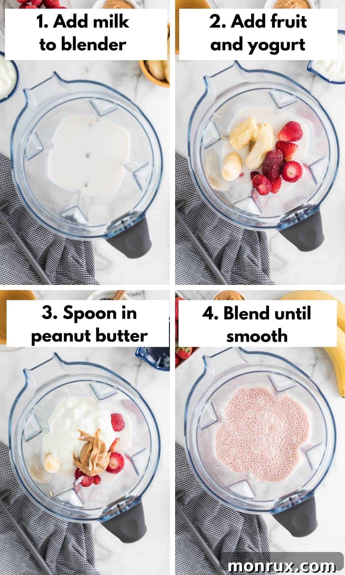 Process collage of blending a strawberry banana peanut butter smoothie in a blender.