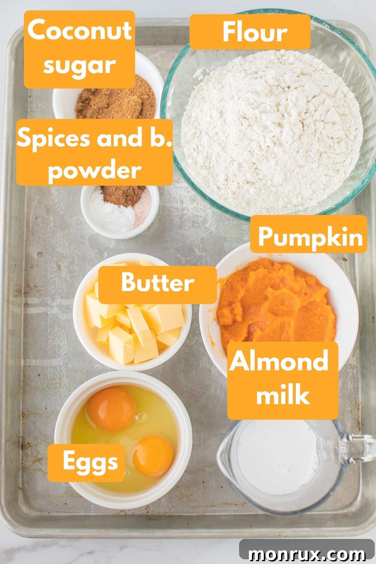A labeled photo showing all the wholesome ingredients needed for making delicious gluten-free pumpkin spice scones.