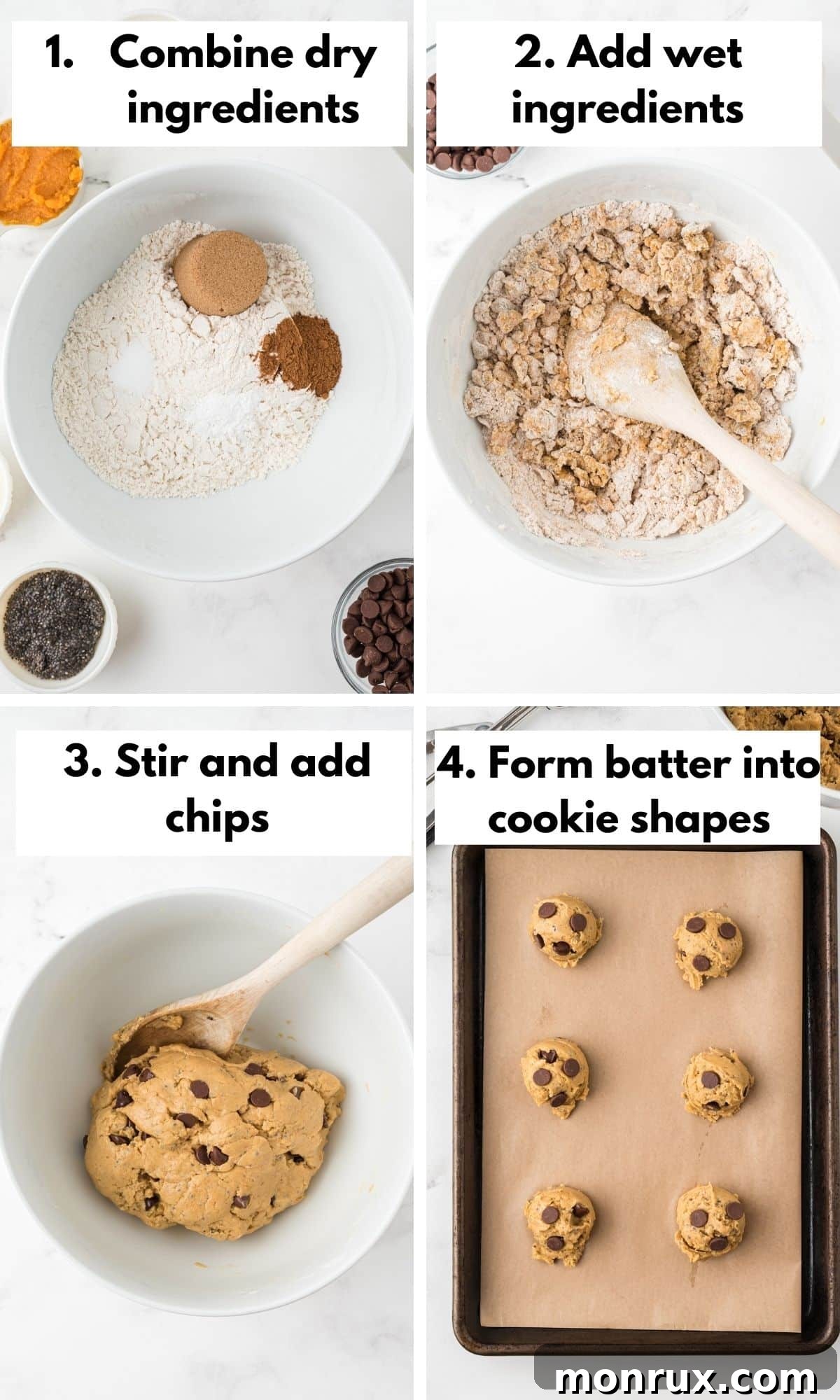 A step-by-step collage illustrating the process of making vegan pumpkin chocolate chip cookies, showing ingredients being mixed and cookies being formed on a baking sheet.