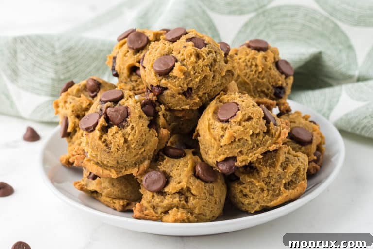 A delightful plate of freshly baked vegan pumpkin chocolate chip cookies, stacked and ready to be enjoyed.