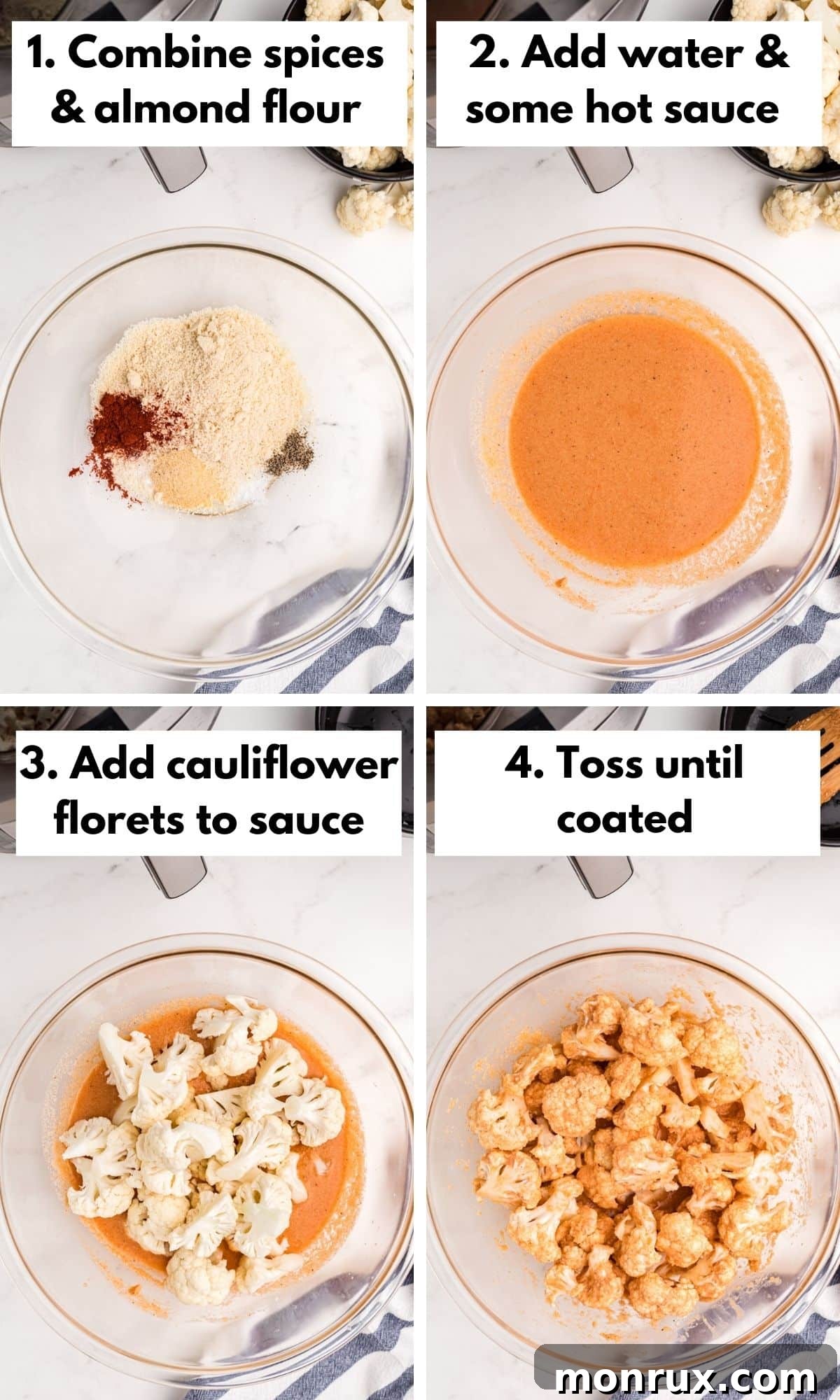 A visual guide showing how to prepare air fryer cauliflower wings, from coating the florets to placing them in the air fryer basket.