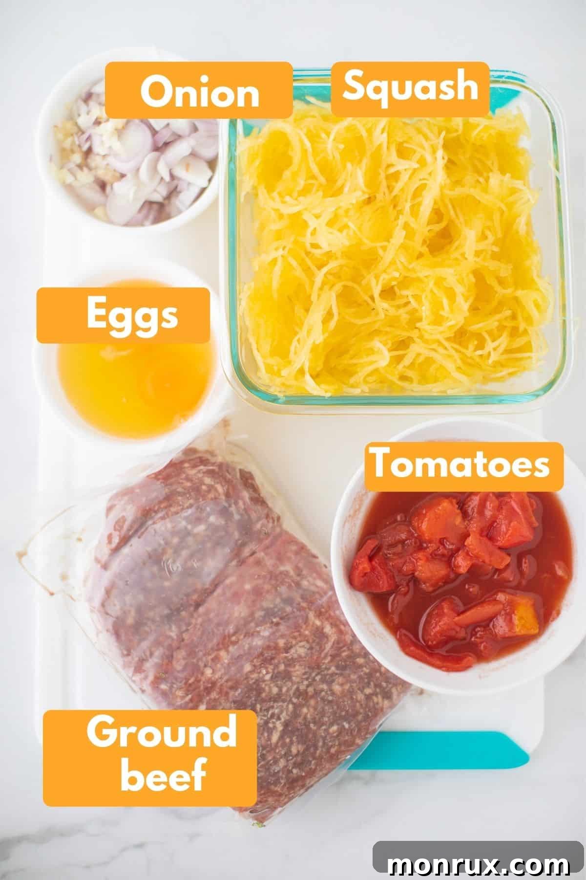 labeled photo with ingredients for spaghetti squash pizza casserole