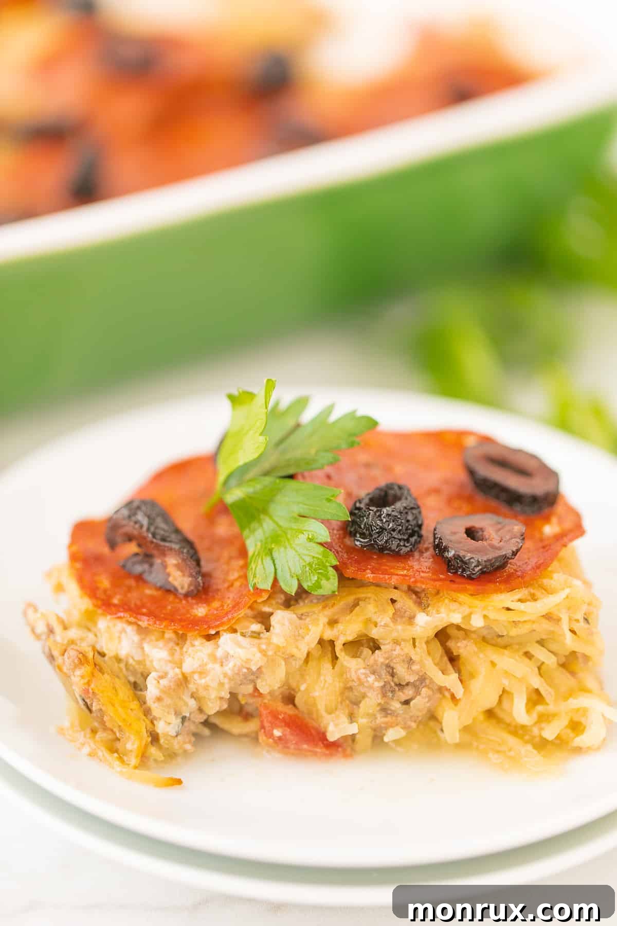 slice of cooked spaghetti squash casserole being served