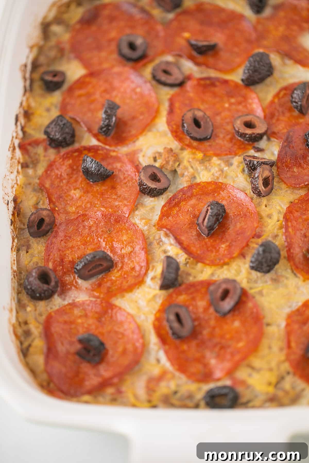 up close picture of spaghetti squash pizza casserole ready to eat