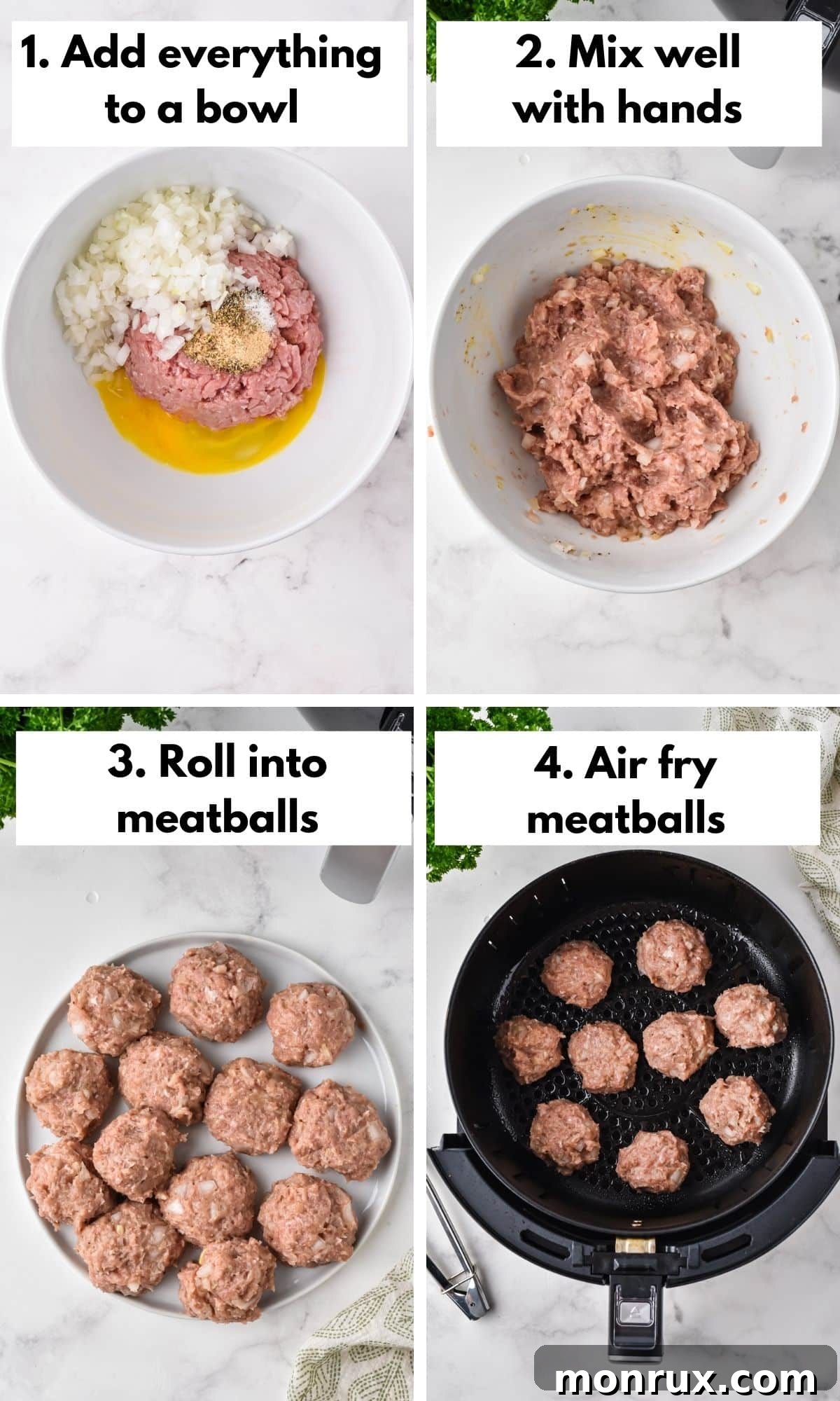 Process shots for mixing ingredients and cooking air fryer turkey meatballs in the basket.