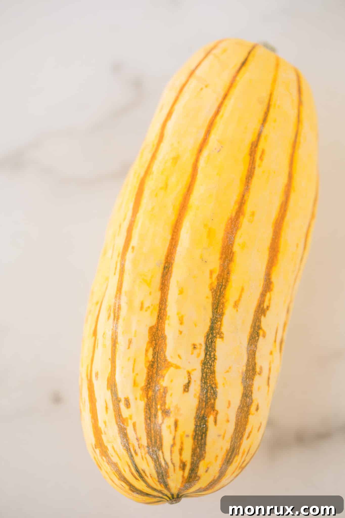 Two vibrant, uncooked delicata squashes showcasing their distinctive stripes and oblong shape.