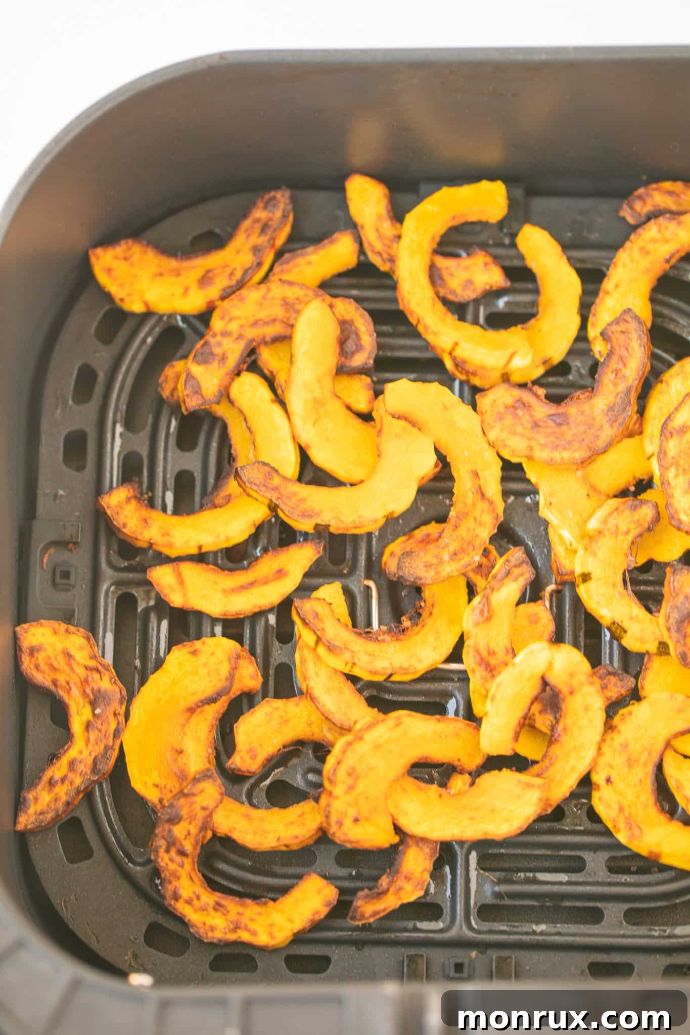 Beautifully baked delicata squash slices, golden and tender, in the air fryer basket, just removed from cooking.