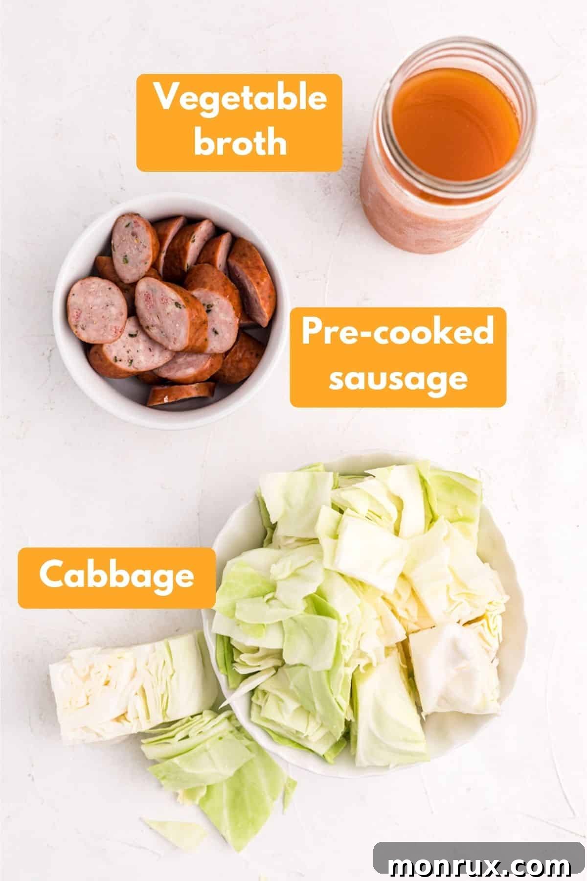 ingredients for instant pot cabbage and sausage.