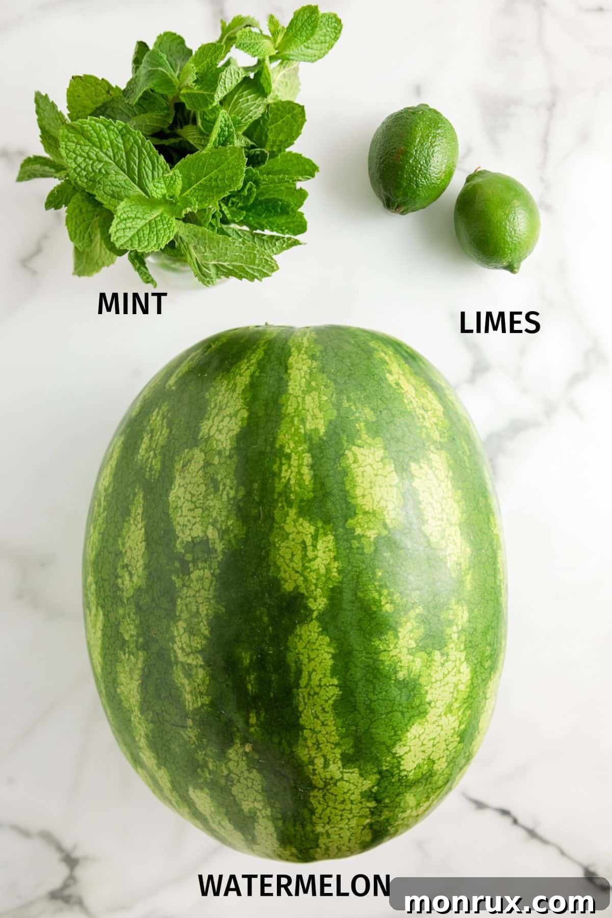 Fresh ingredients laid out for making watermelon mint juice, including watermelon chunks, fresh mint, and whole limes.