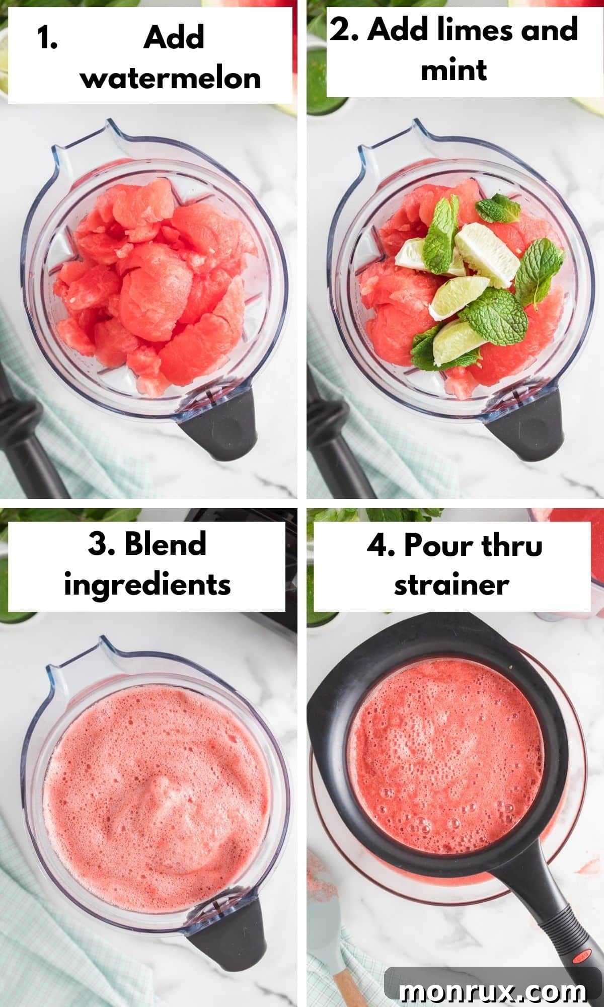 Step-by-step process photos showing watermelon being prepared, blended, and strained for juice.