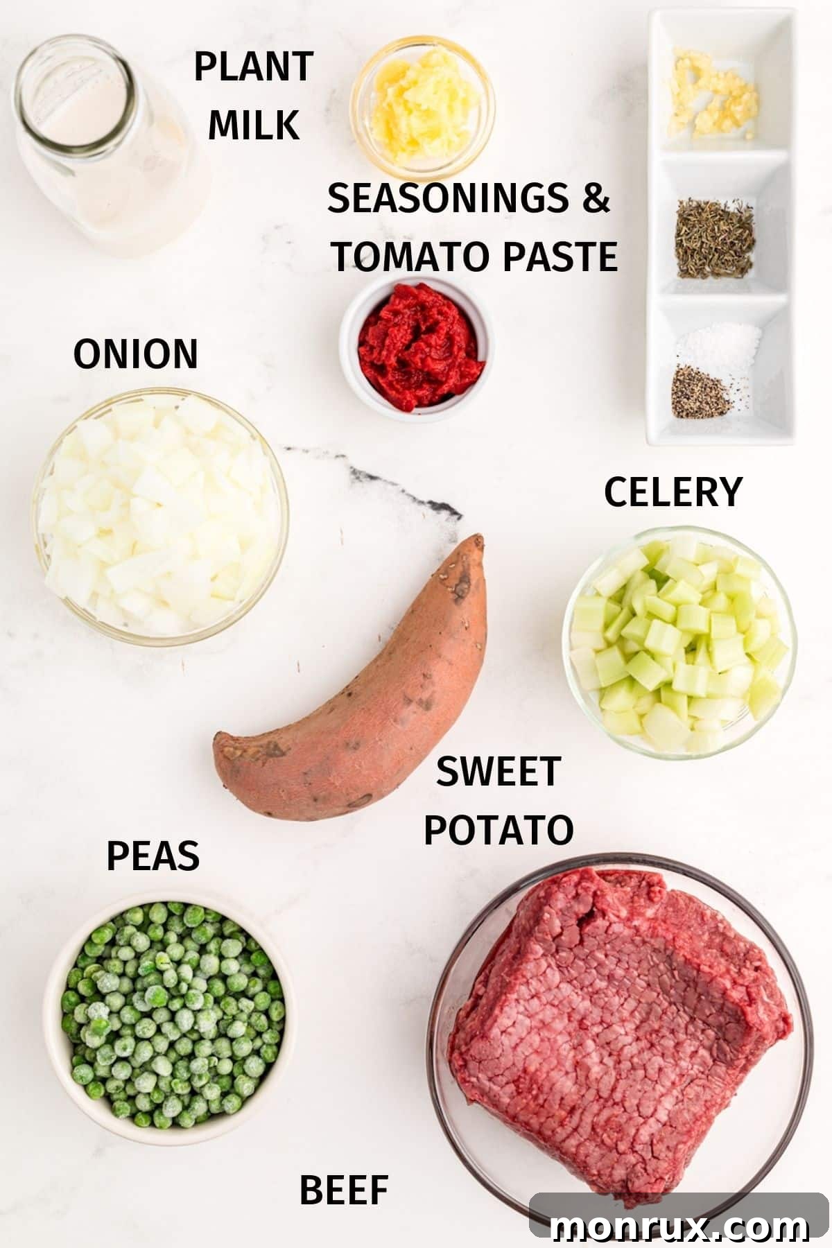 labeled ingredients for paleo sweet potato shepherds pie