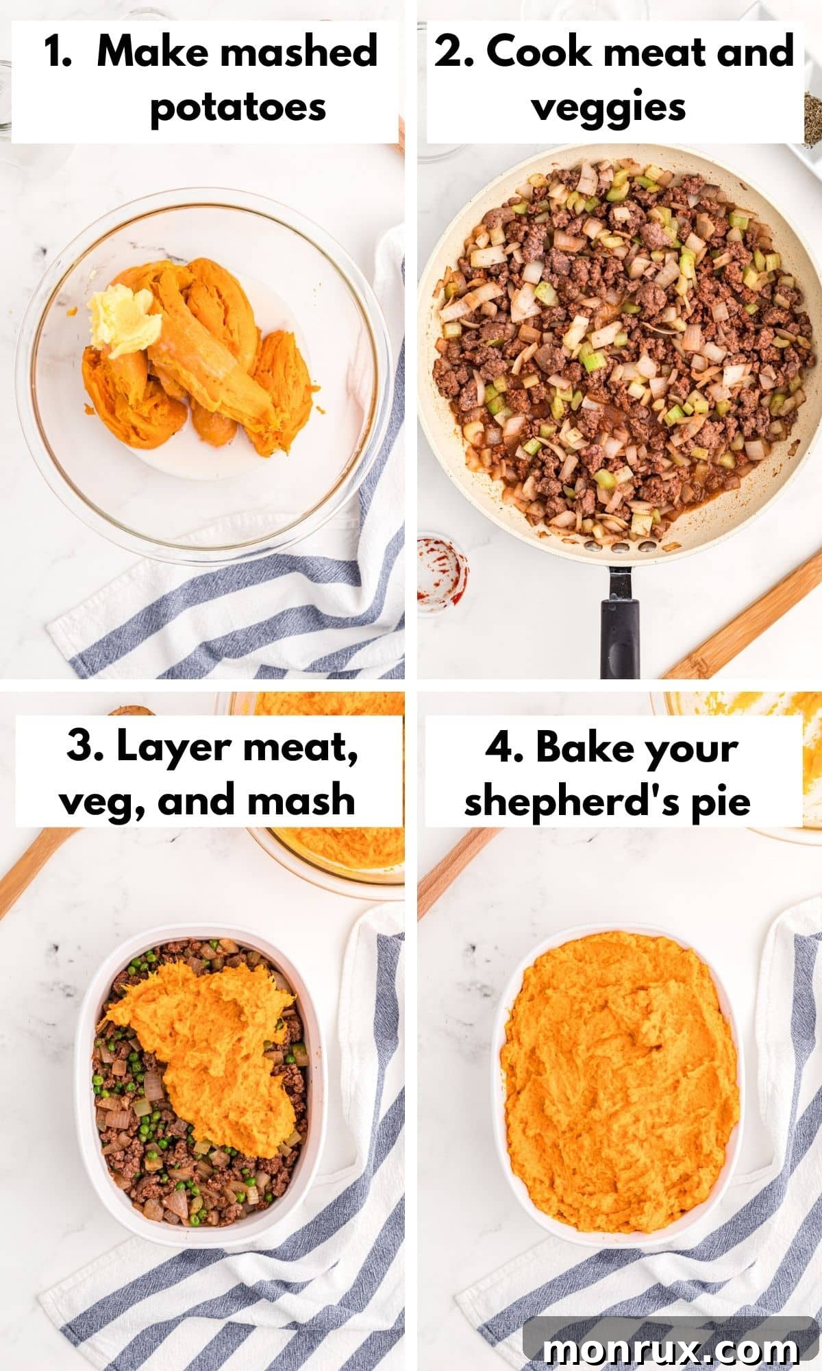process photos for how to make sweet potato shepherd's pie