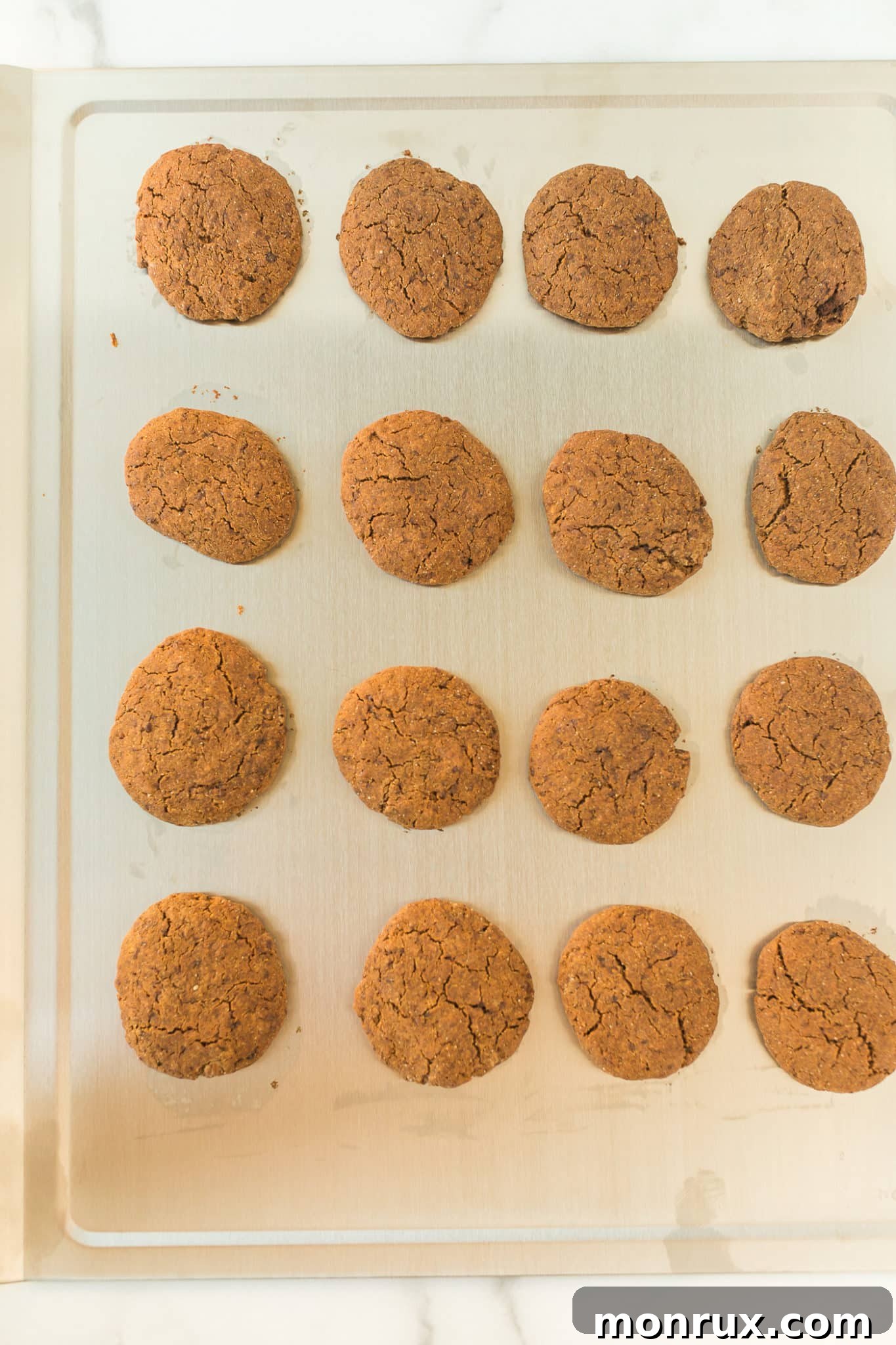 Deliciously baked molasses cookies resting on a shining stainless steel baking sheet, perfectly cooled and ready to enjoy.