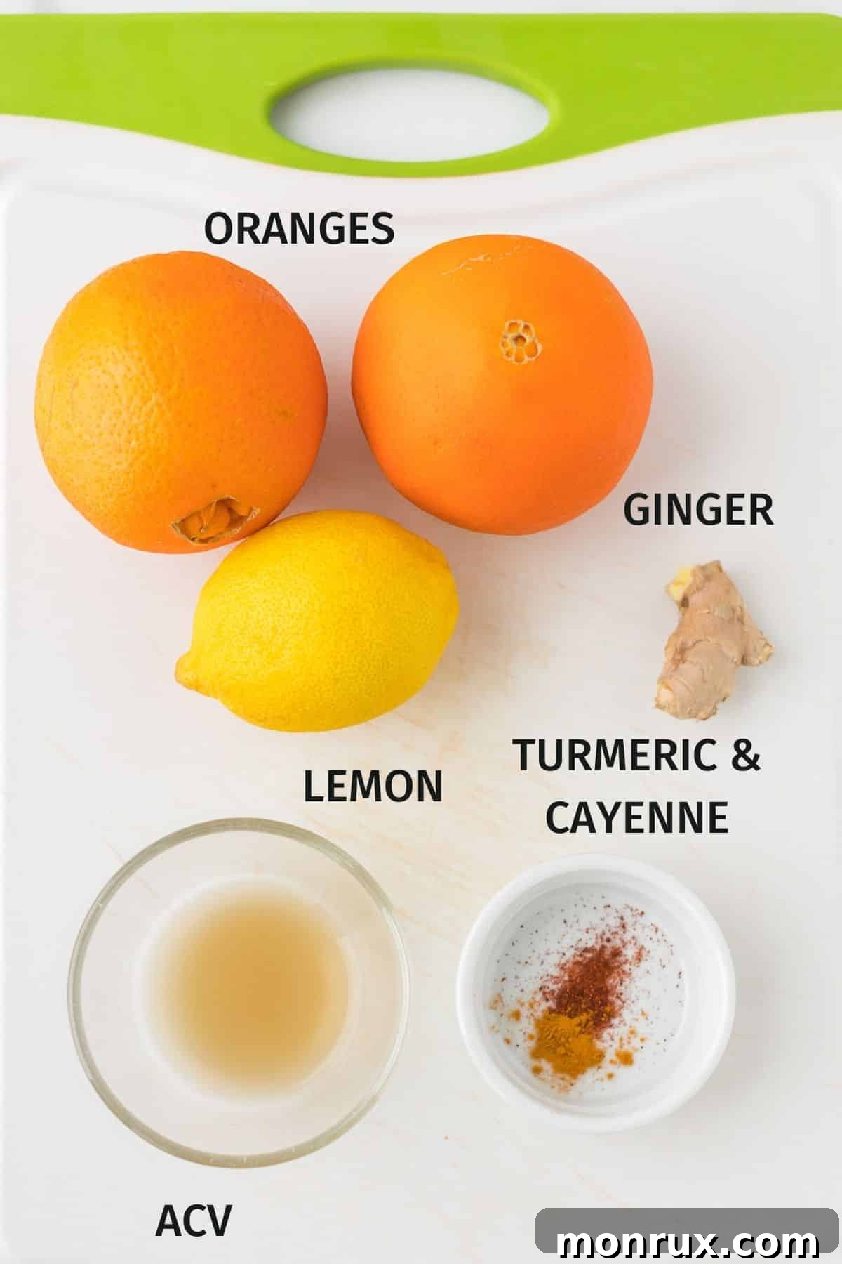 A visual guide to the key ingredients for an immune-boosting lemon ginger shot, neatly labeled.