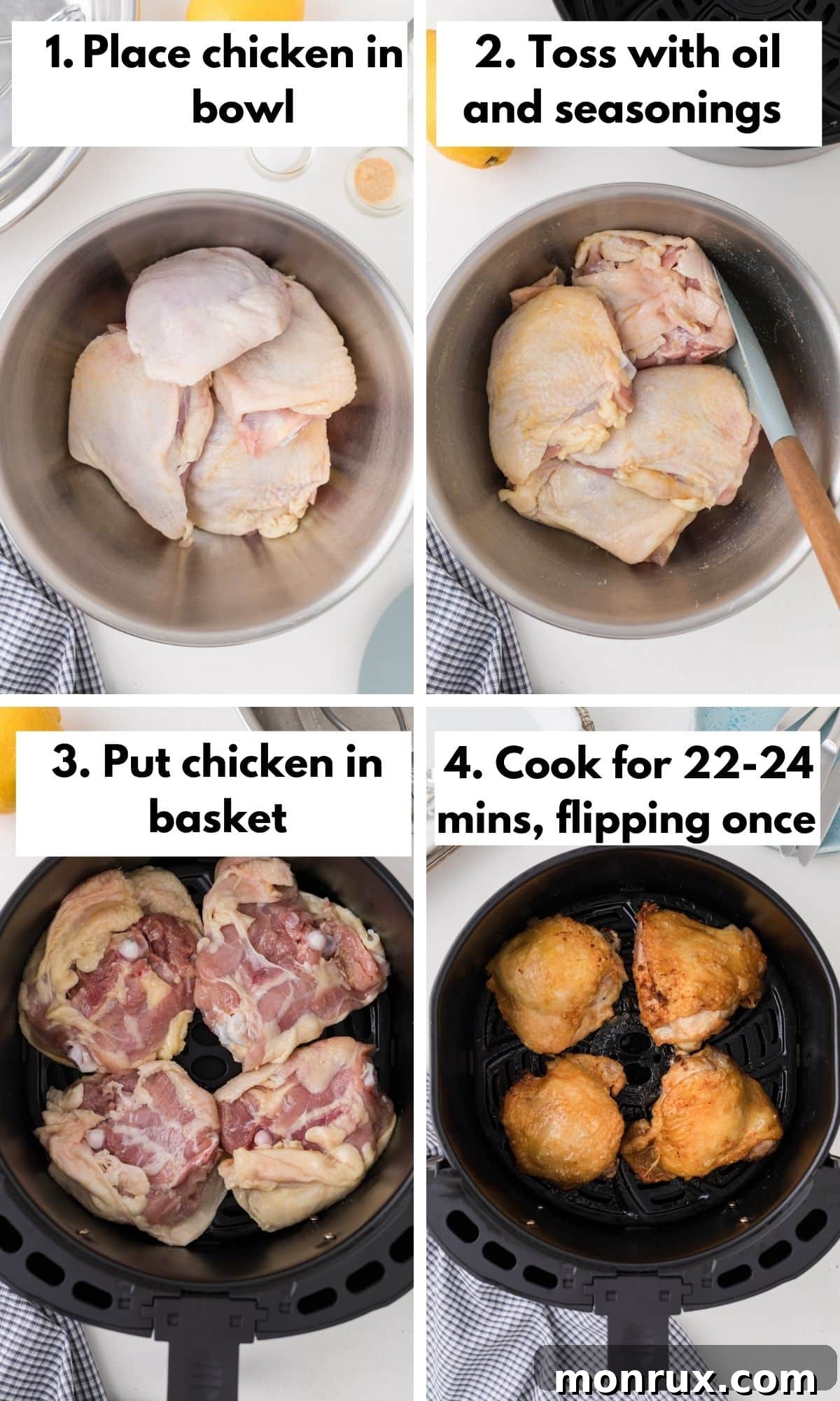 A collage showing the step-by-step process of making air fryer chicken thighs, from seasoning to air frying.
