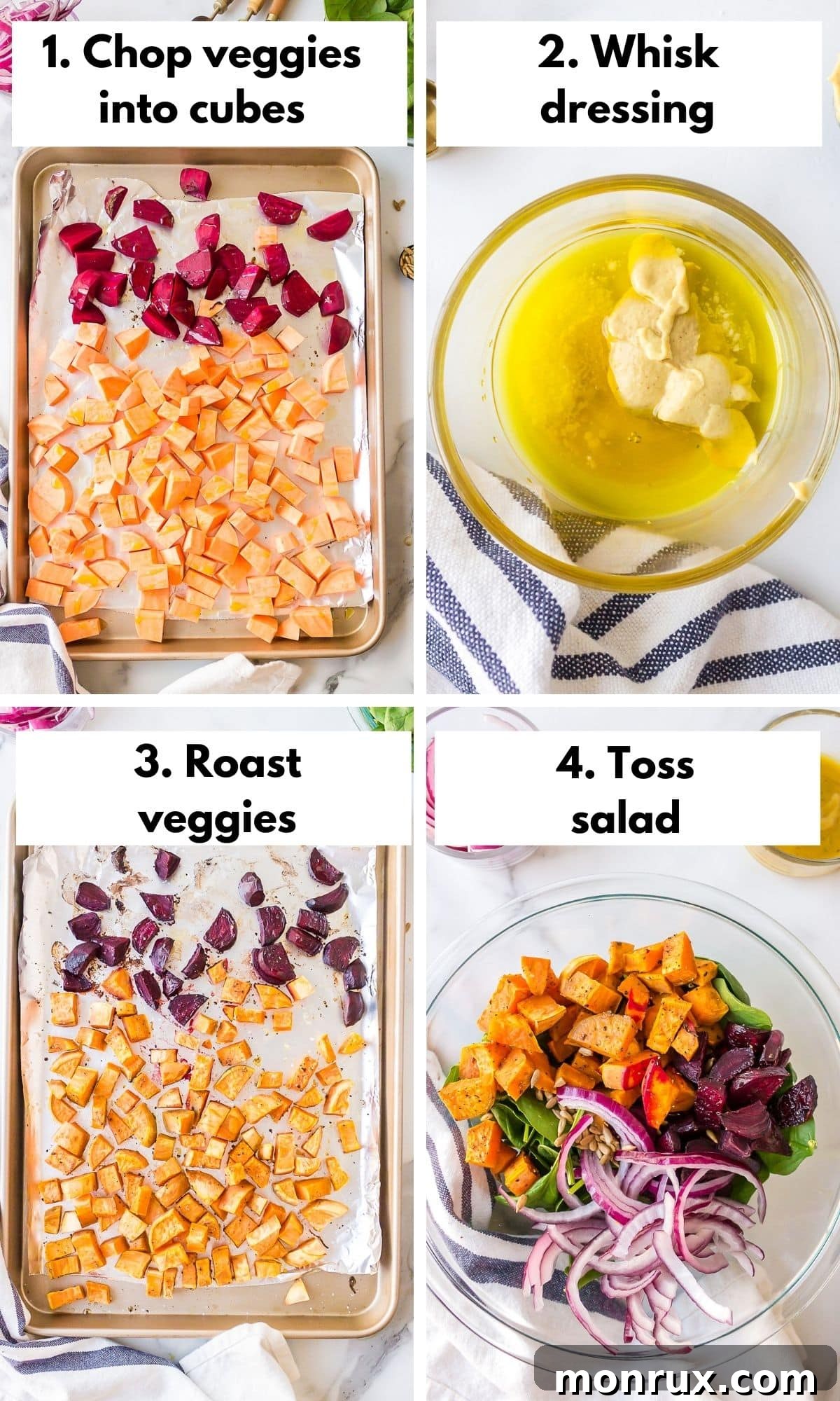 Collage showing the step-by-step process of preparing and assembling a sweet potato and beet spinach salad, from dicing vegetables to tossing with dressing.