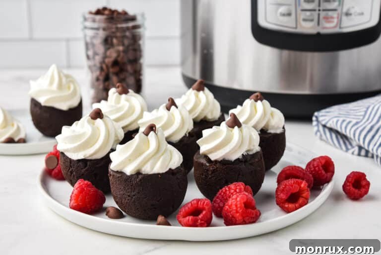 Instant Pot brownie bites with a swirl of whipped cream on a white plate, showcasing their inviting texture.