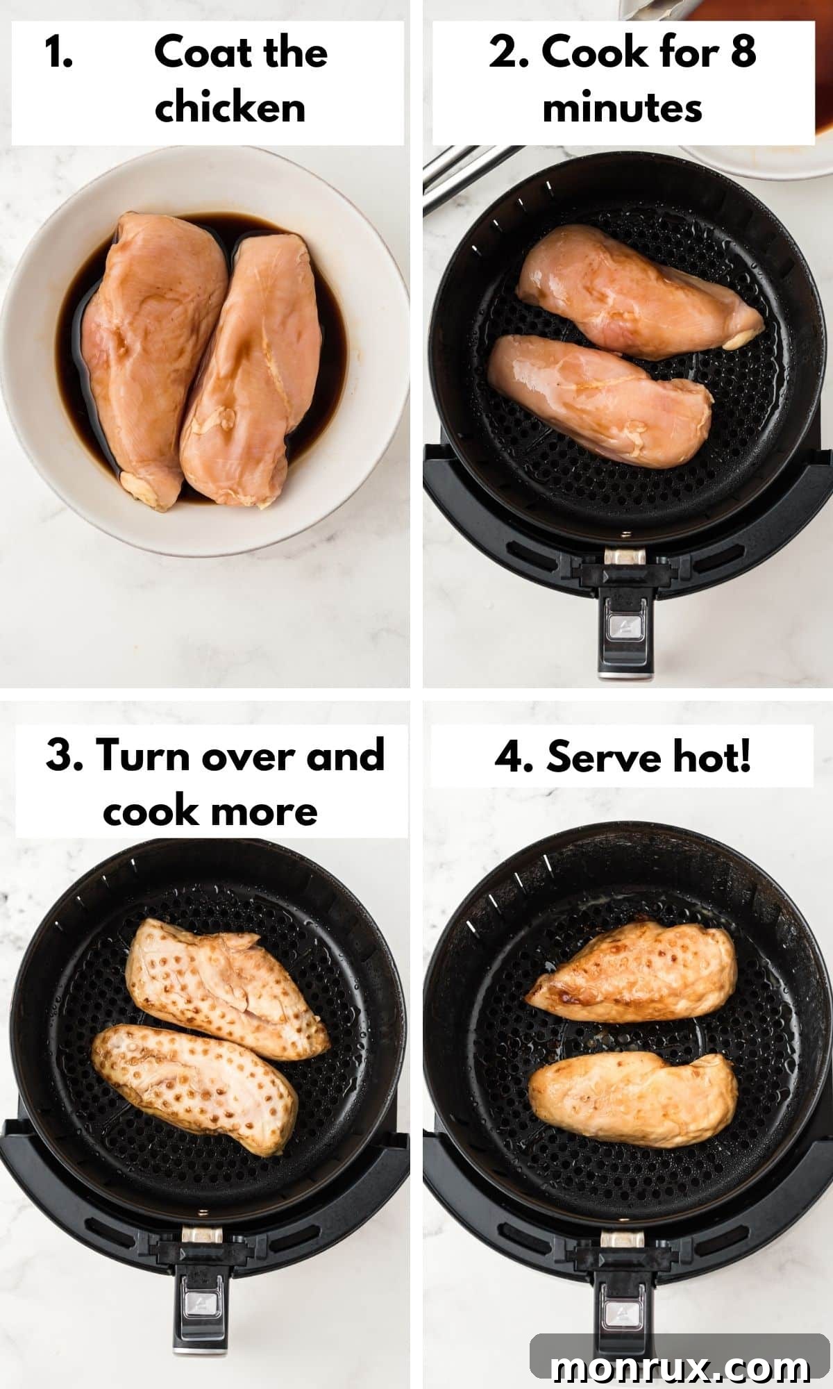 Collage showing step-by-step photos of cooking teriyaki chicken in an air fryer.