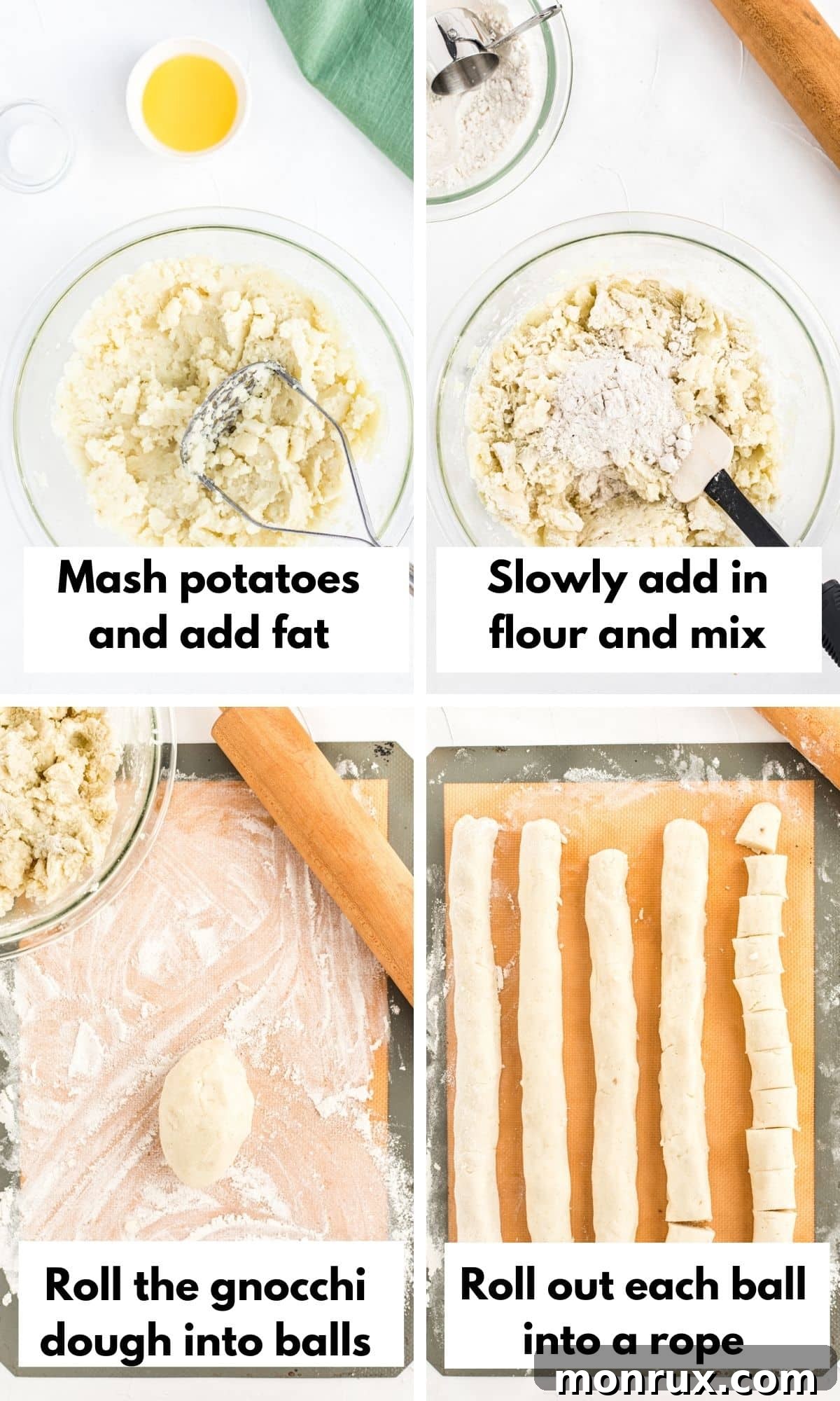 A four-panel process shot showing how to make homemade gluten-free gnocchi. From mashed potatoes, to dough, to rolled and cut gnocchi, to gnocchi being marked with a fork.
