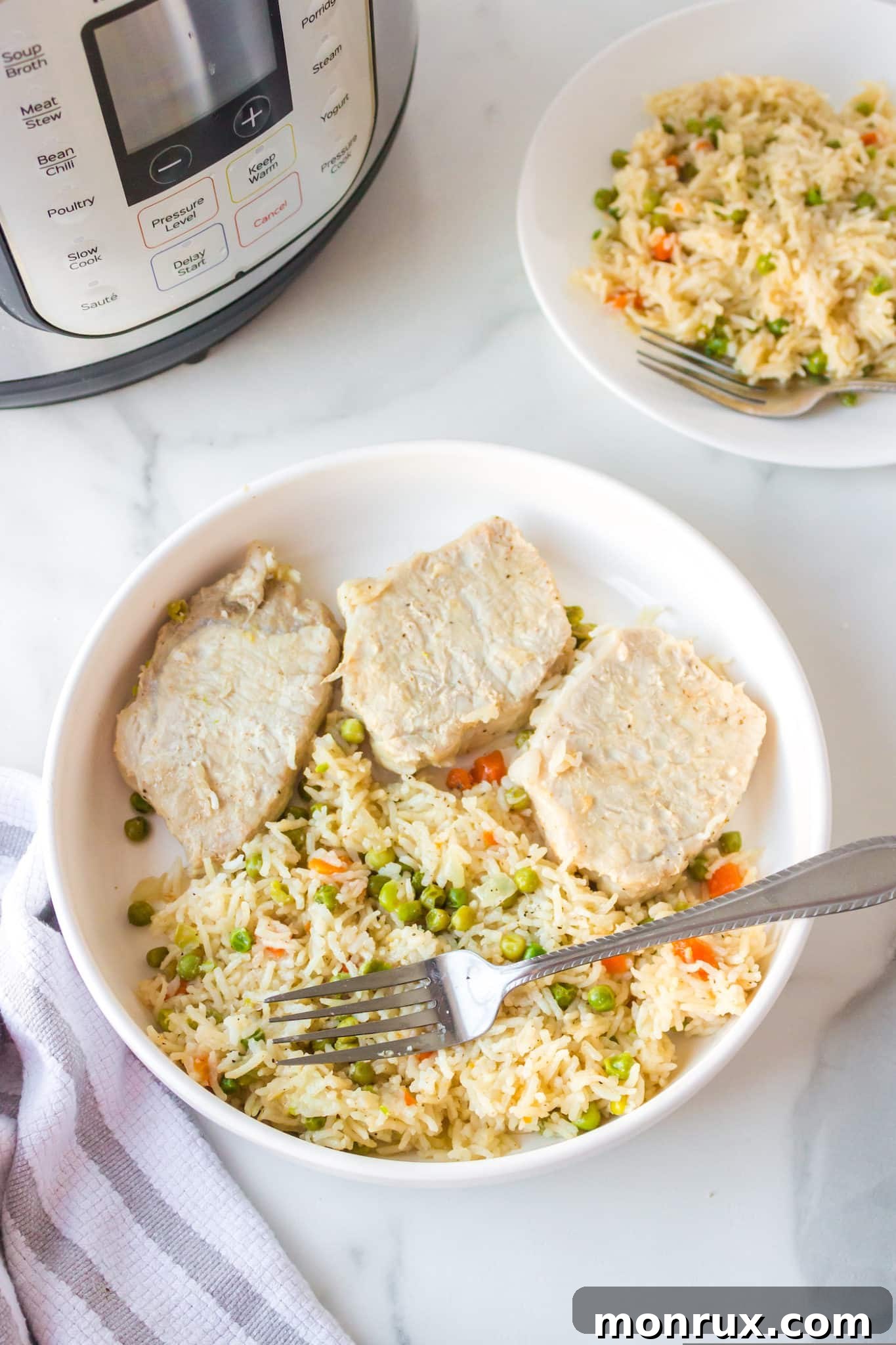 bowl with three pork chops served with rice and veggies and a fork.