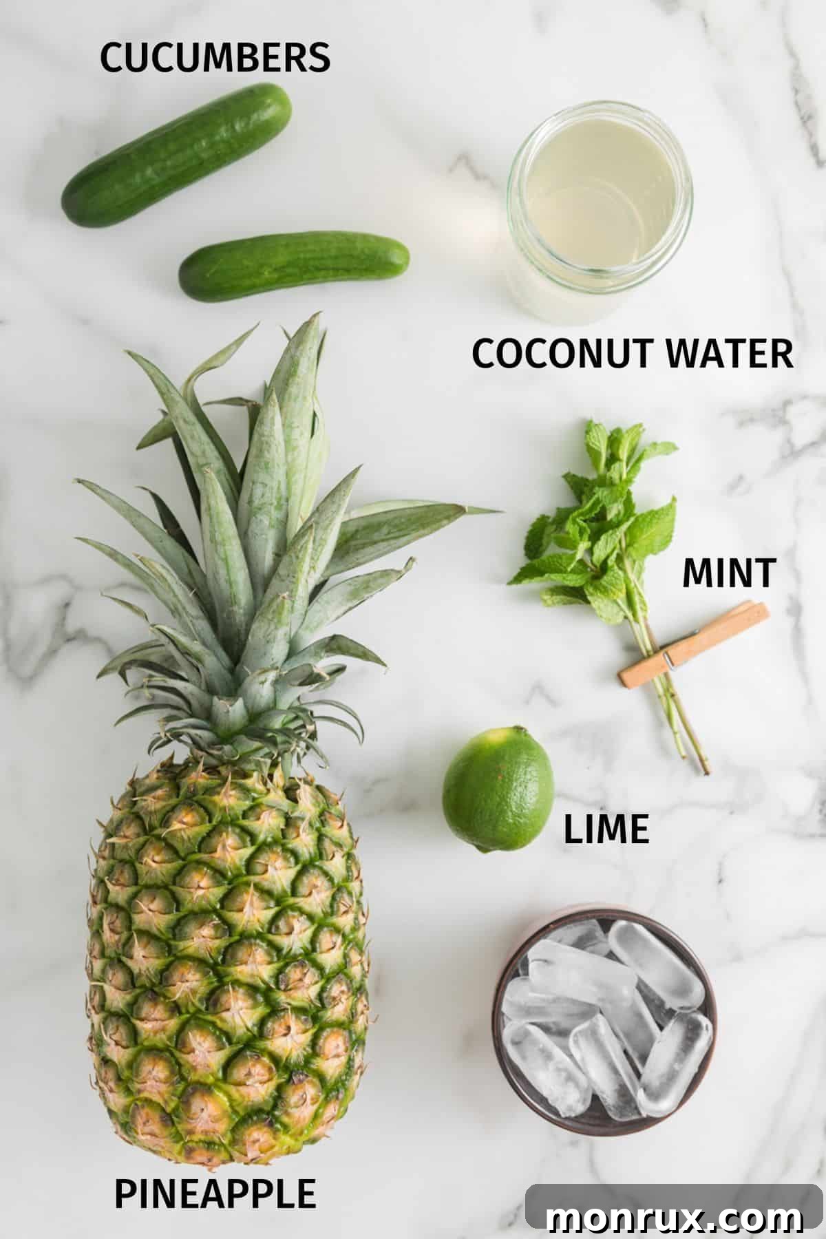 Fresh ingredients laid out on a white surface, including pineapple, cucumber, coconut water, mint, and lime, ready for blending.
