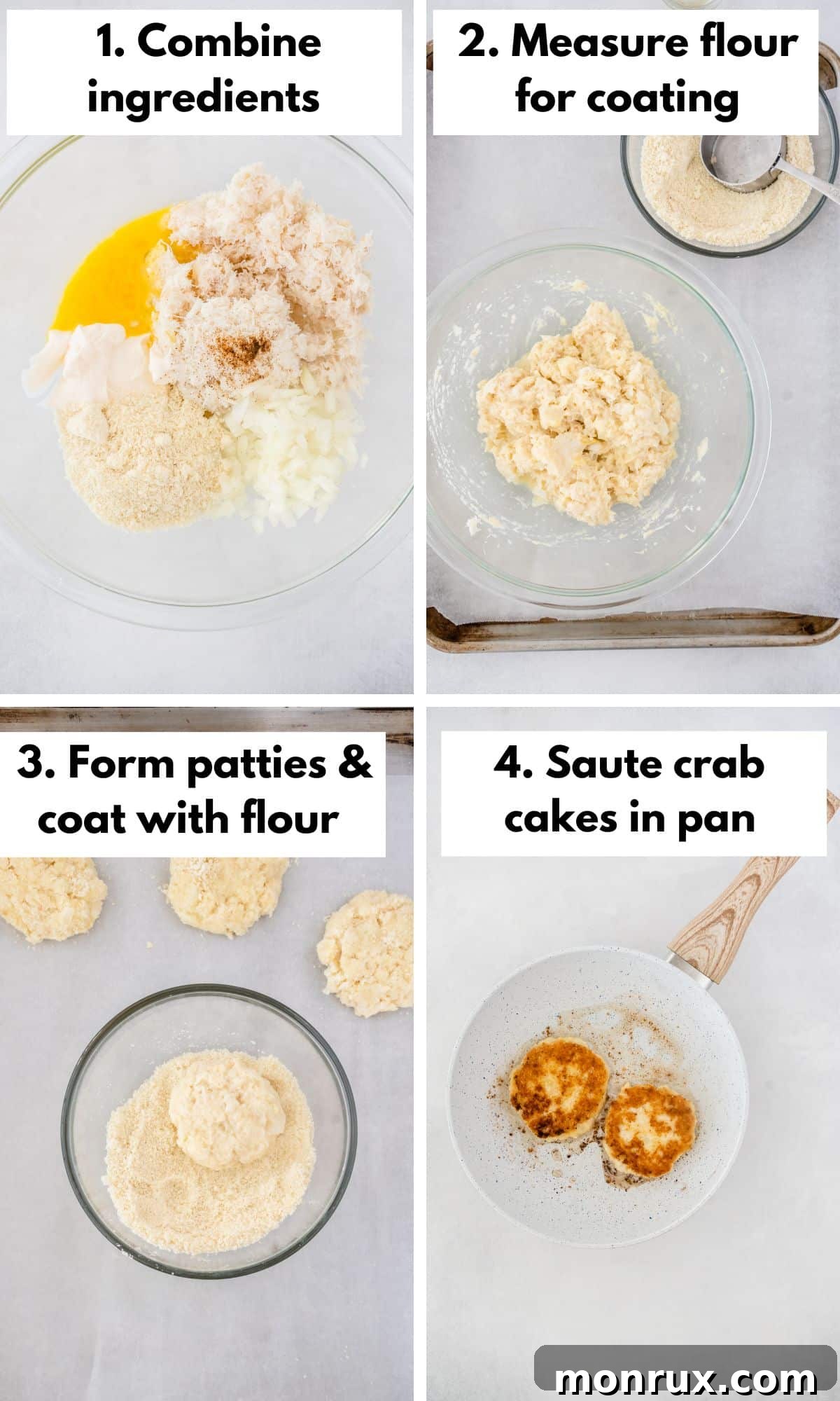 Process shots for gluten free crab cakes, showing mixing, forming, and frying stages.