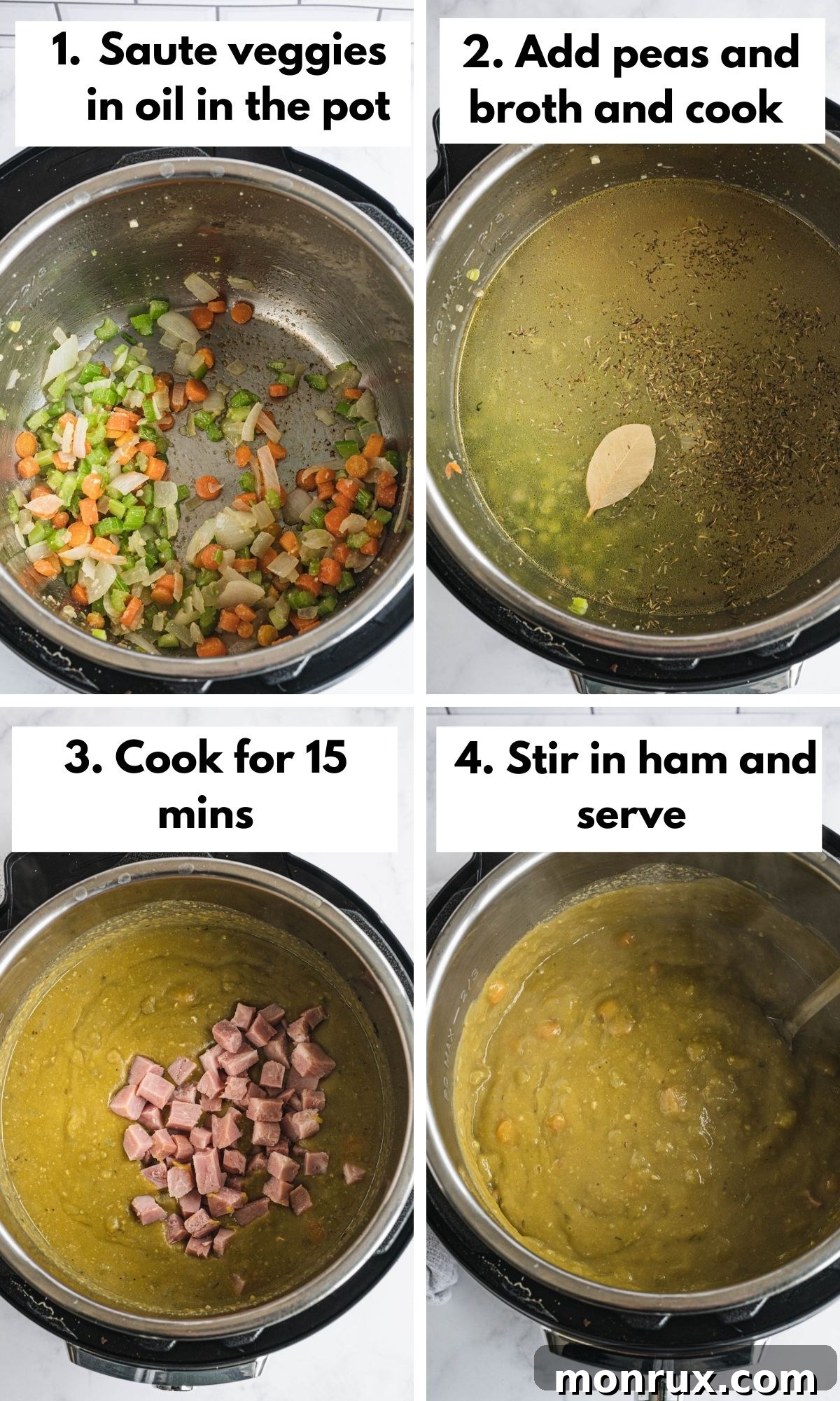 A collage of process photos demonstrating the key steps to prepare Instant Pot Split Pea and Ham Soup, from sautéing vegetables to the finished product.