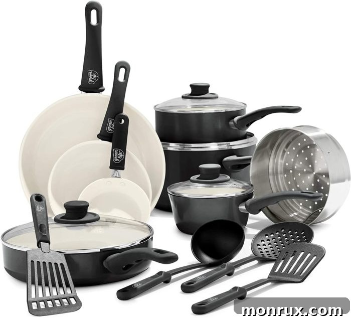 A vibrant GreenLife ceramic cookware set in a kitchen setting, showcasing its various pots and pans with their distinct soft-grip handles and nonstick interior.