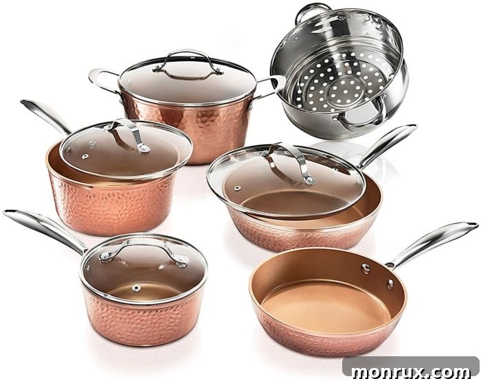 A elegant Gotham ceramic copper cookware set featuring multiple pots and pans with triple-coated nonstick surfaces, perfect for even heating and versatile cooking.