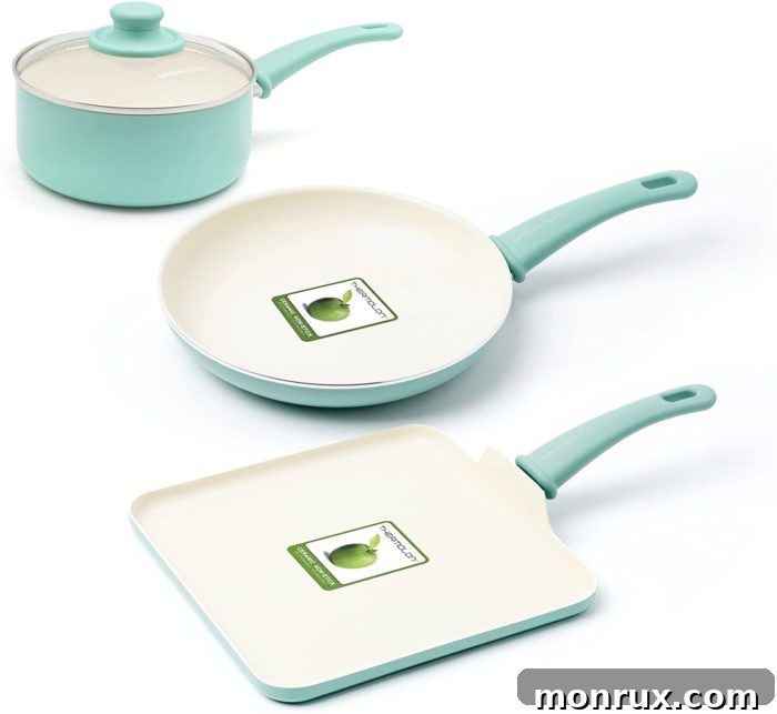 A compact GreenLife 4-piece ceramic cookware set, ideal for beginner cooks, featuring a frying pan, saucepan, and cool-touch handles.