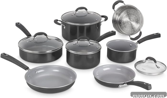 A versatile Cuisinart ceramic cookware set featuring various pots, pans, and tempered glass lids, designed for everyday cooking convenience.