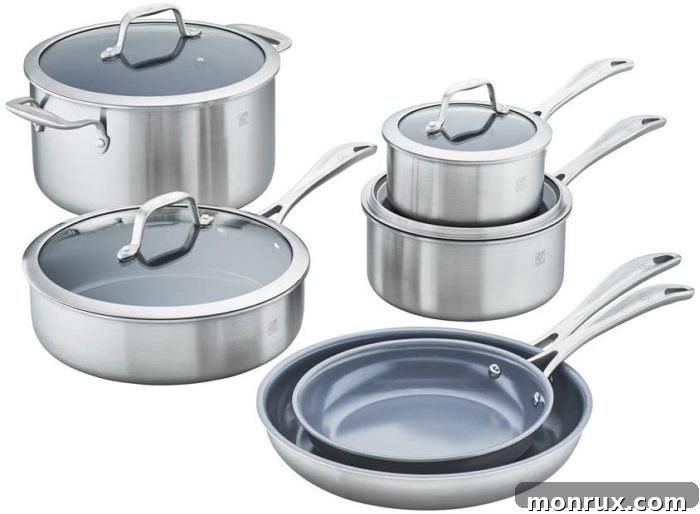 An advanced Zwilling ceramic cookware set, featuring 10 pieces with a durable stainless steel core and ceramic nonstick coating, designed for experienced cooks.
