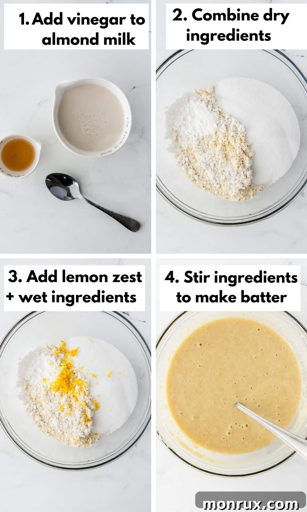 Labeled process shots showing the preparation of gluten-free lemon cake batter in a mixing bowl.