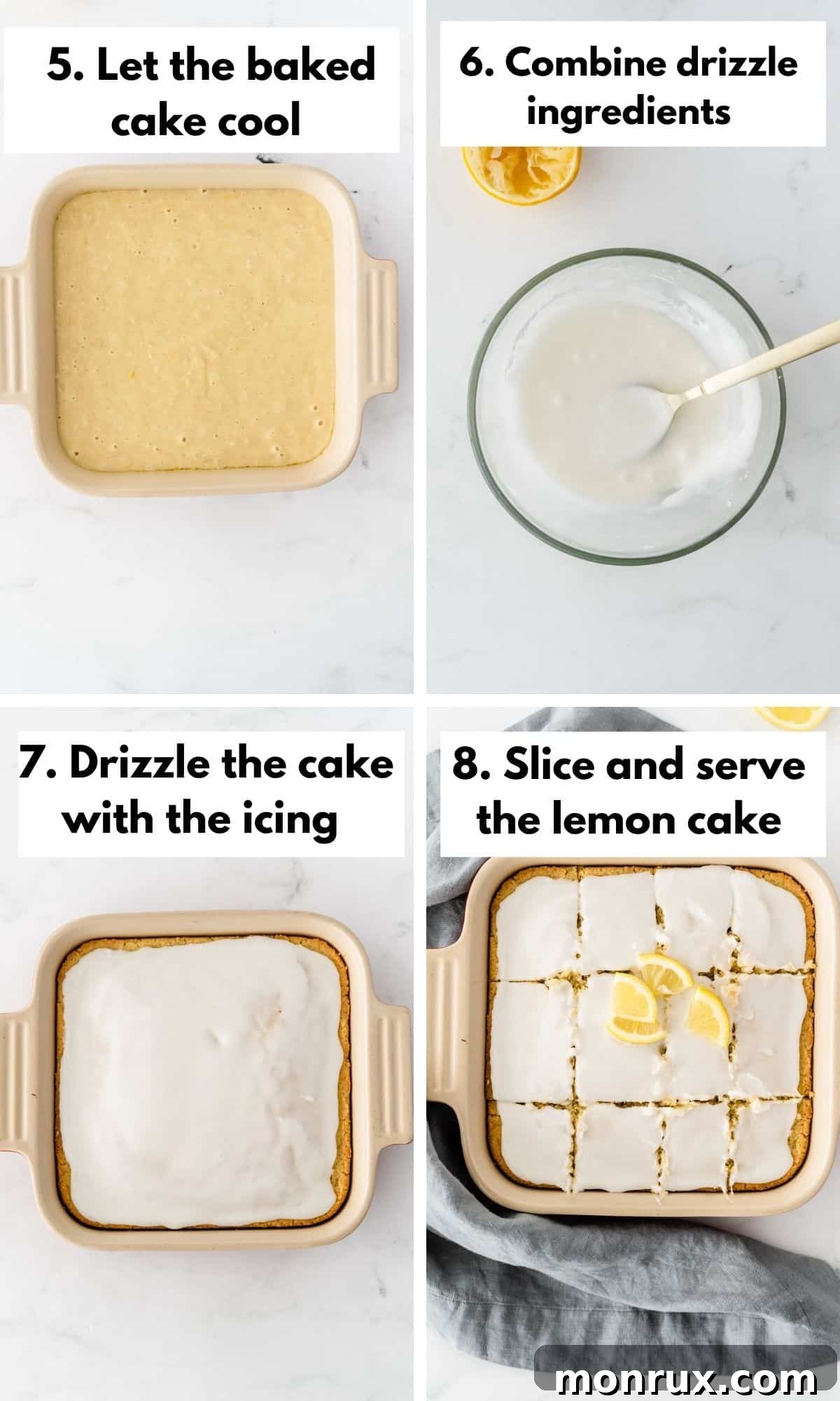 Labeled photos showing the step-by-step process of making the lemon glaze icing for a lemon cake.
