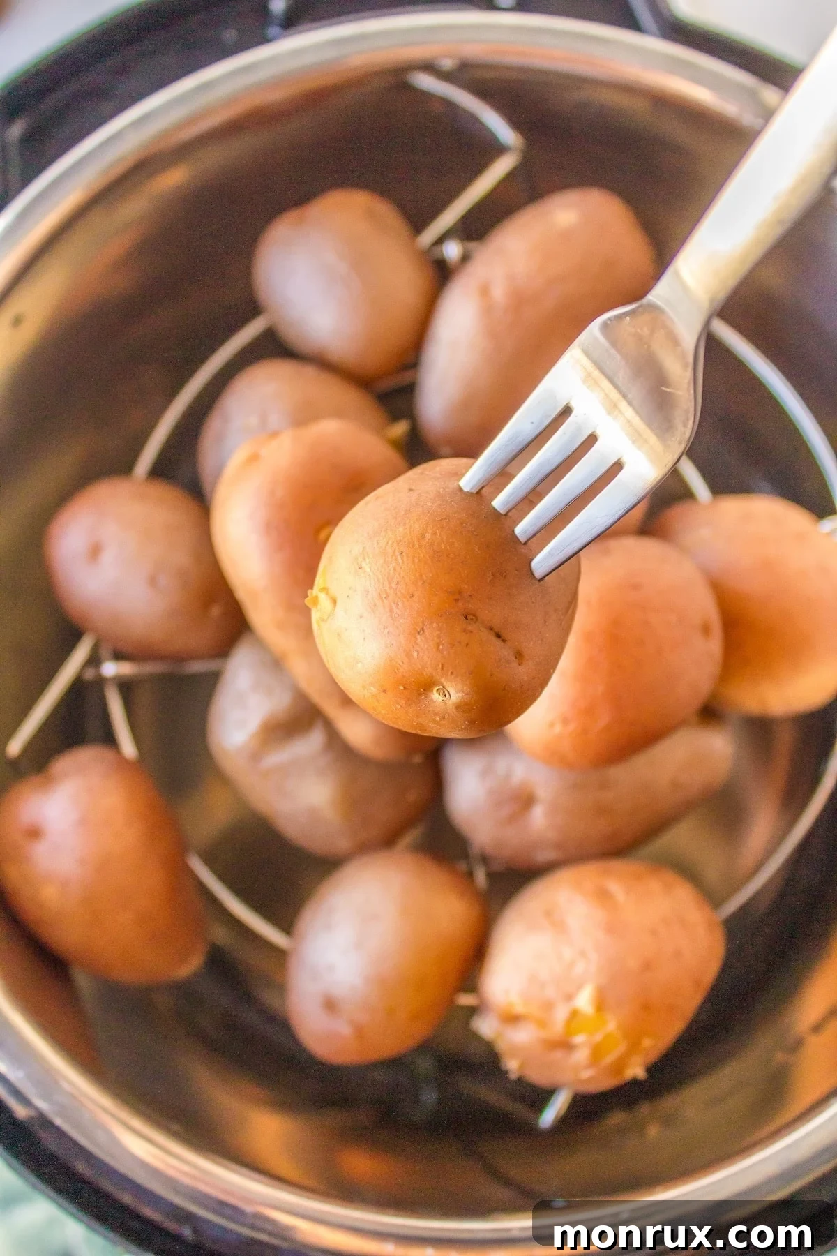 instant pot boiled potatoes in pot with one on fork.