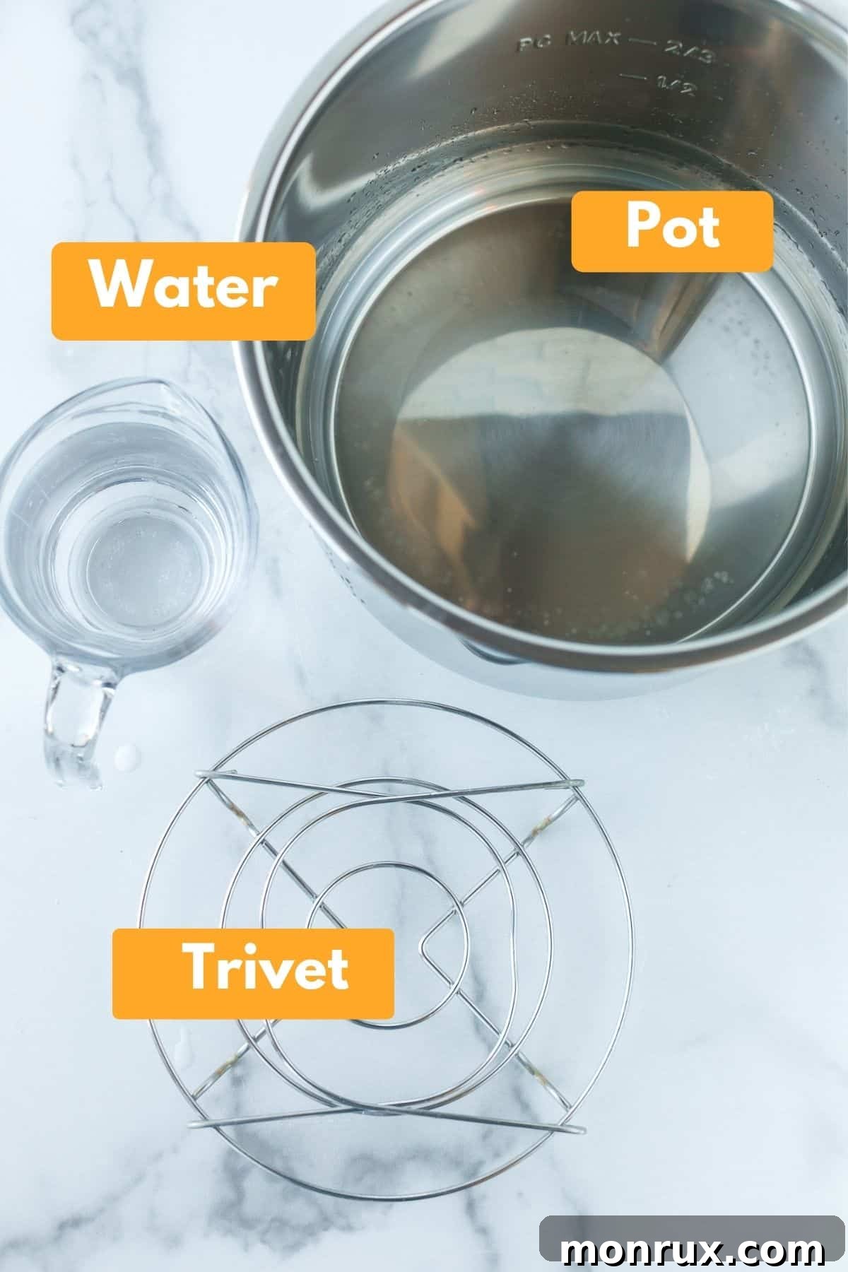 labeled picture with labels of items needed to make instant pot boiled potatoes.
