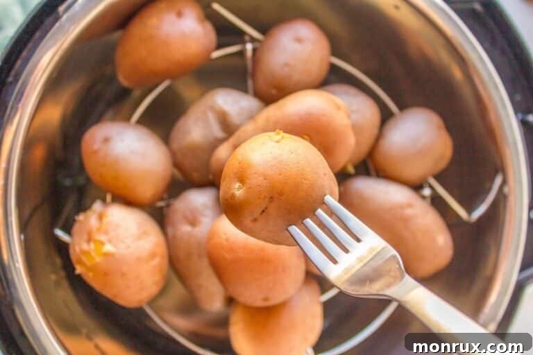instant pot boiled potatoes with fork.