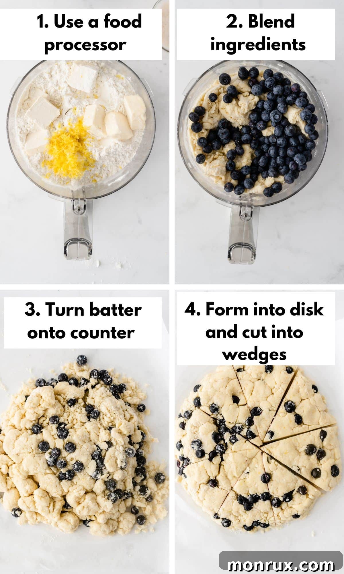 A sequential collage showing the process of making gluten-free blueberry scones, from combining ingredients in a food processor to shaping the dough and arranging cut scones on a baking sheet.
