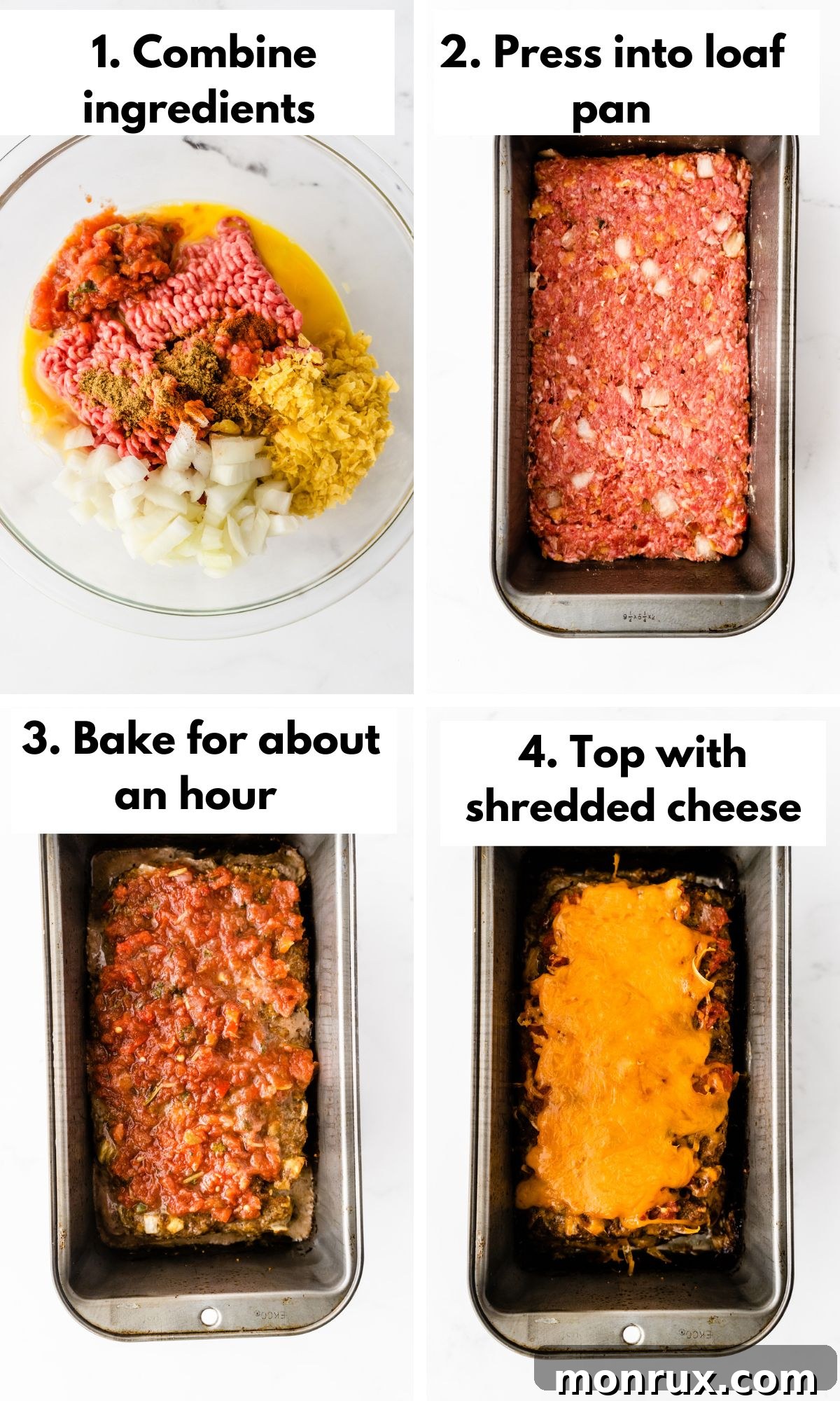 Process photos demonstrating how to mix ingredients and form the taco meatloaf.