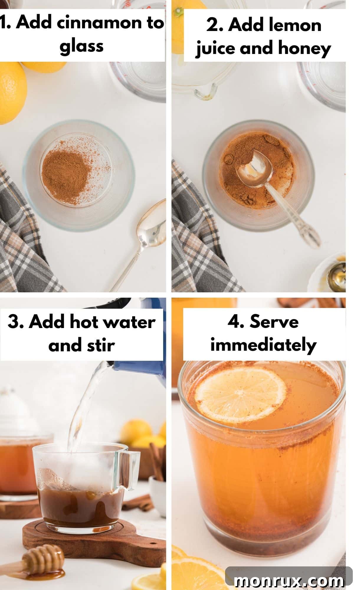 A visual collage demonstrating the simple process of making lemon water with cinnamon: a glass with cinnamon, lemon being squeezed, honey added, and hot water poured.