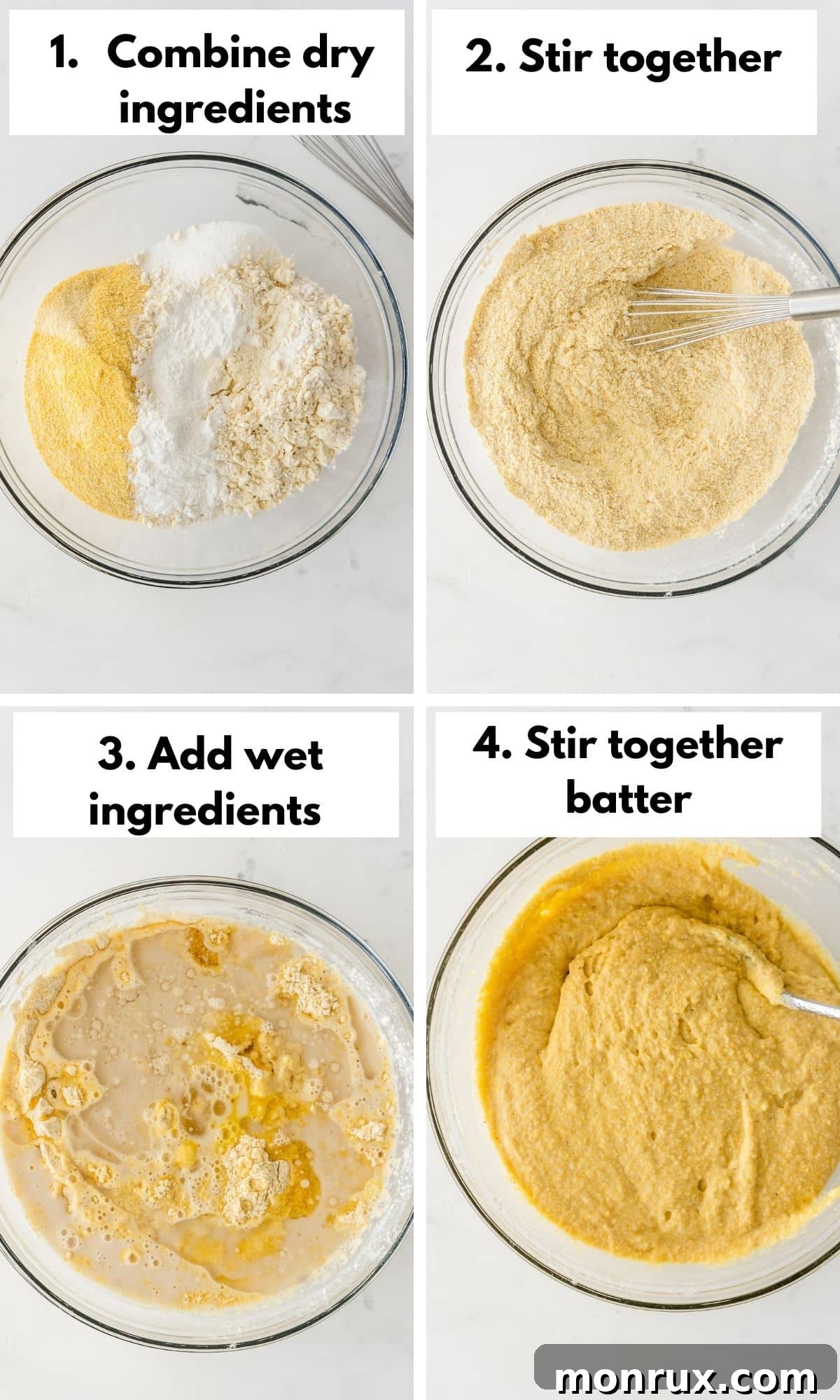 A series of process photos showing the mixing and pouring of gluten-free cornbread batter into a baking dish.